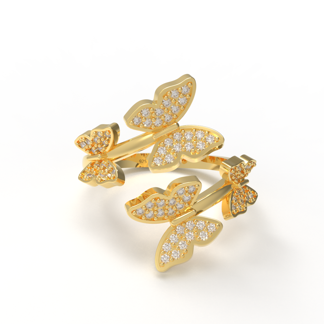 Elegant Butterfly Wrap Around Ring Yellow Gold Plated, Hallmarked 925 Sterling Silver