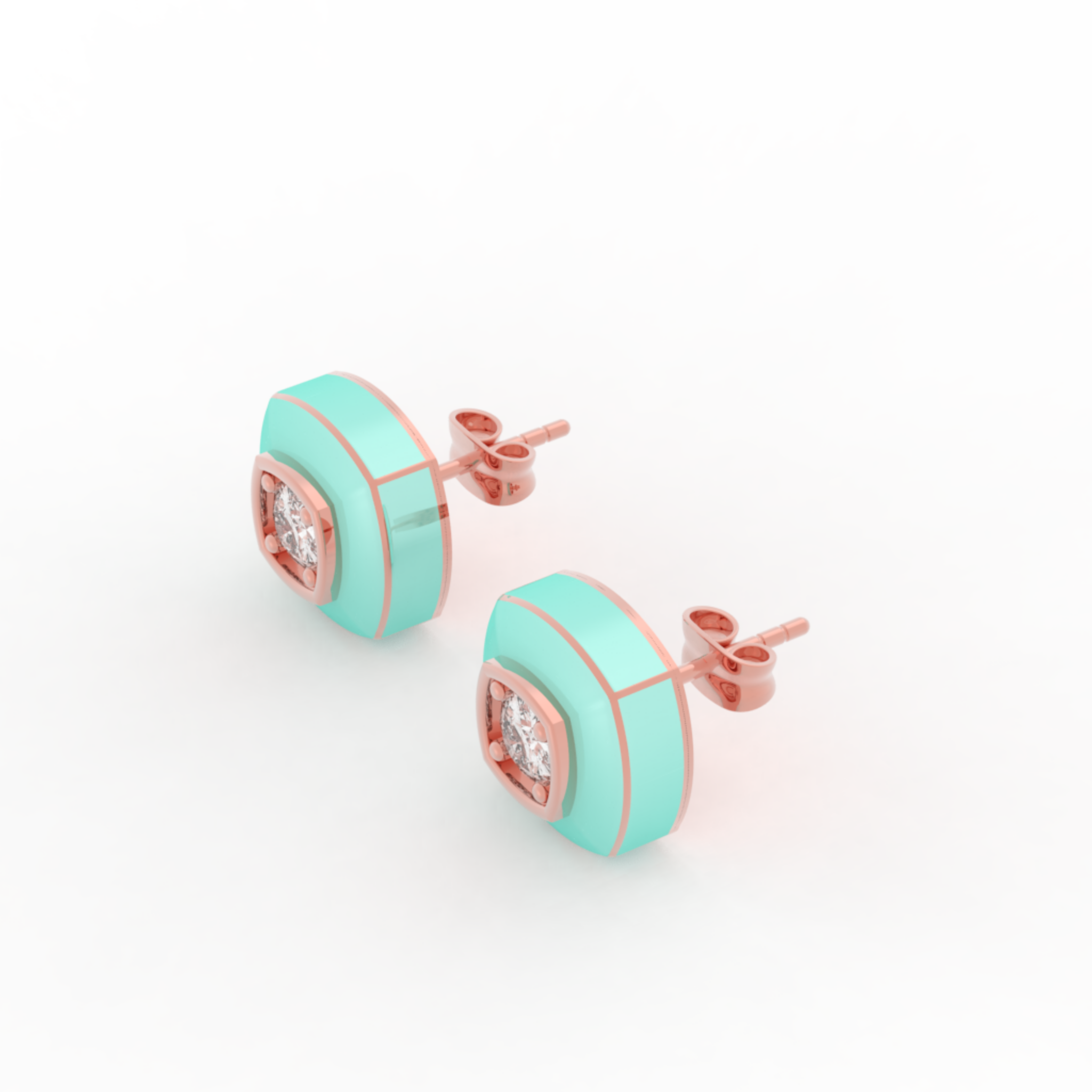 Enameling Square Cut Statement Stud Earrings, Hallmarked 925 Sterling Silver