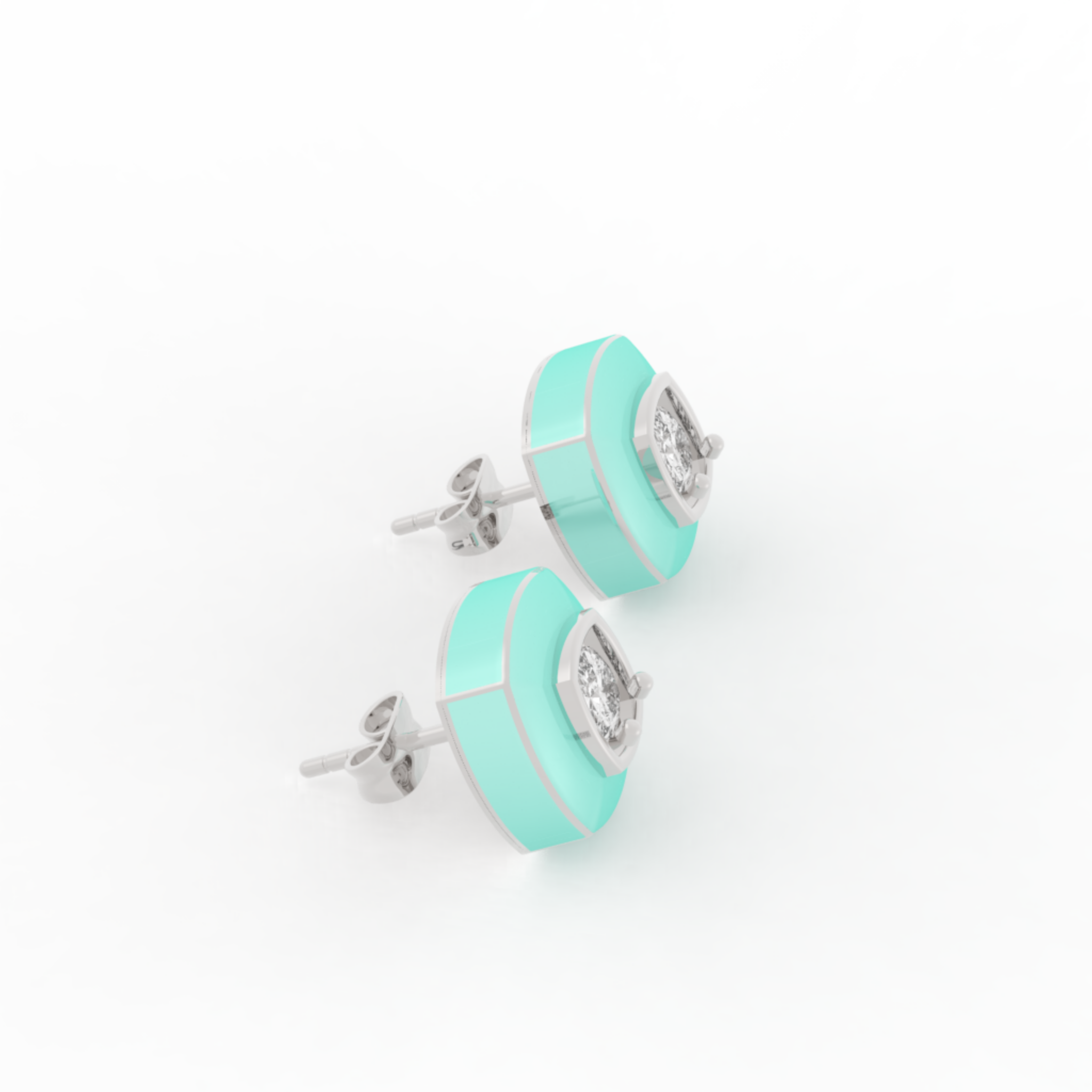 Enameling Square Cut Statement Stud Earrings, Hallmarked 925 Sterling Silver