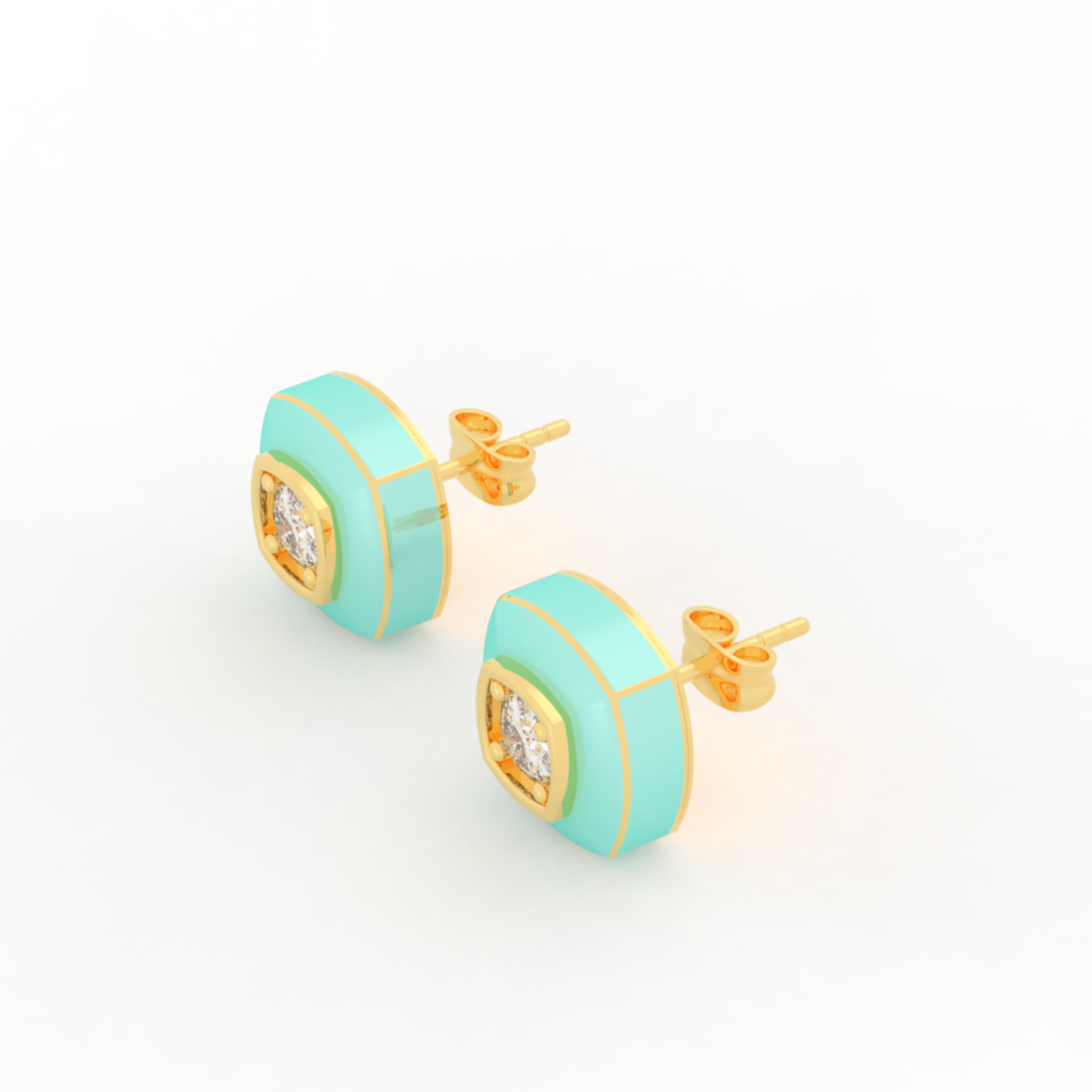 Enameling Square Cut Statement Stud Earrings, Hallmarked 925 Sterling Silver