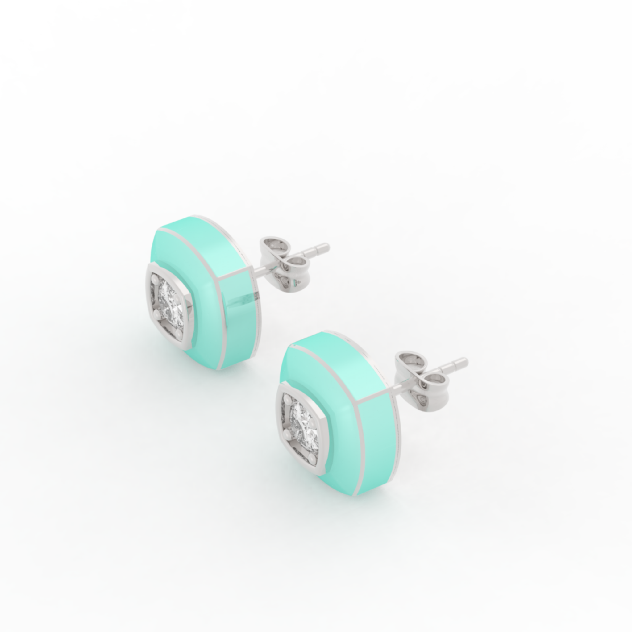 Enameling Square Cut Statement Stud Earrings, Hallmarked 925 Sterling Silver