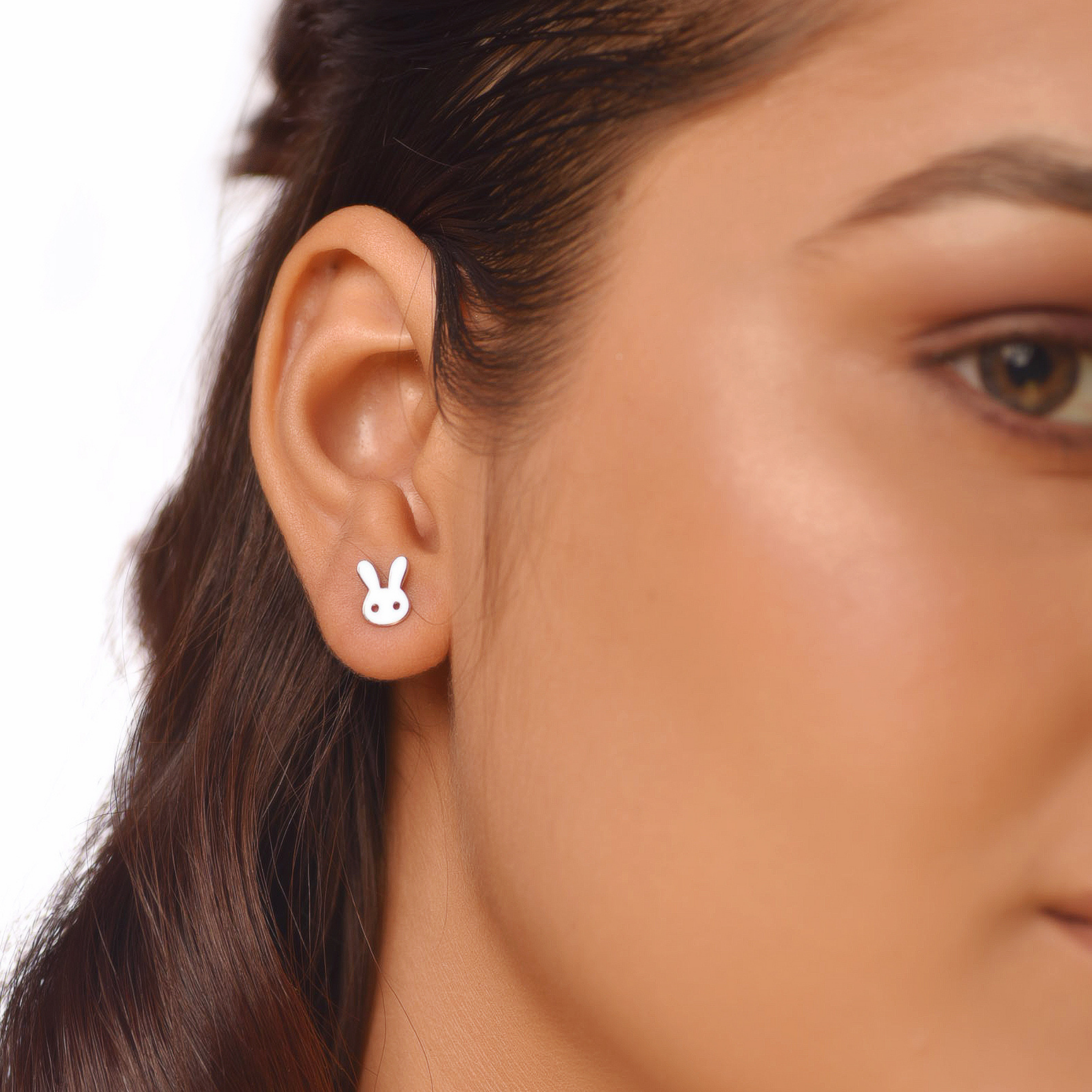 Flat Tiny Bunny Face Stud Earrings, Hallmarked 925 Sterling Silver