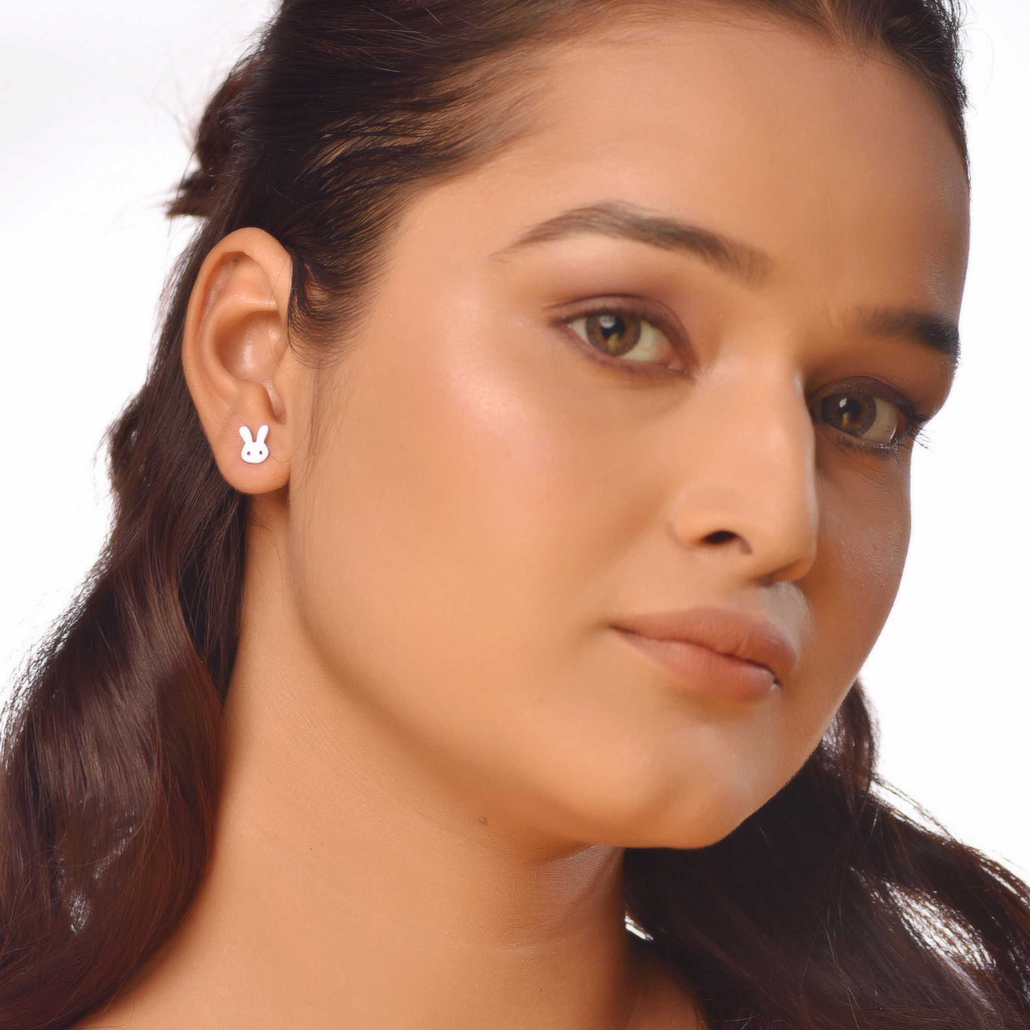 Flat Tiny Bunny Face Stud Earrings, Hallmarked 925 Sterling Silver
