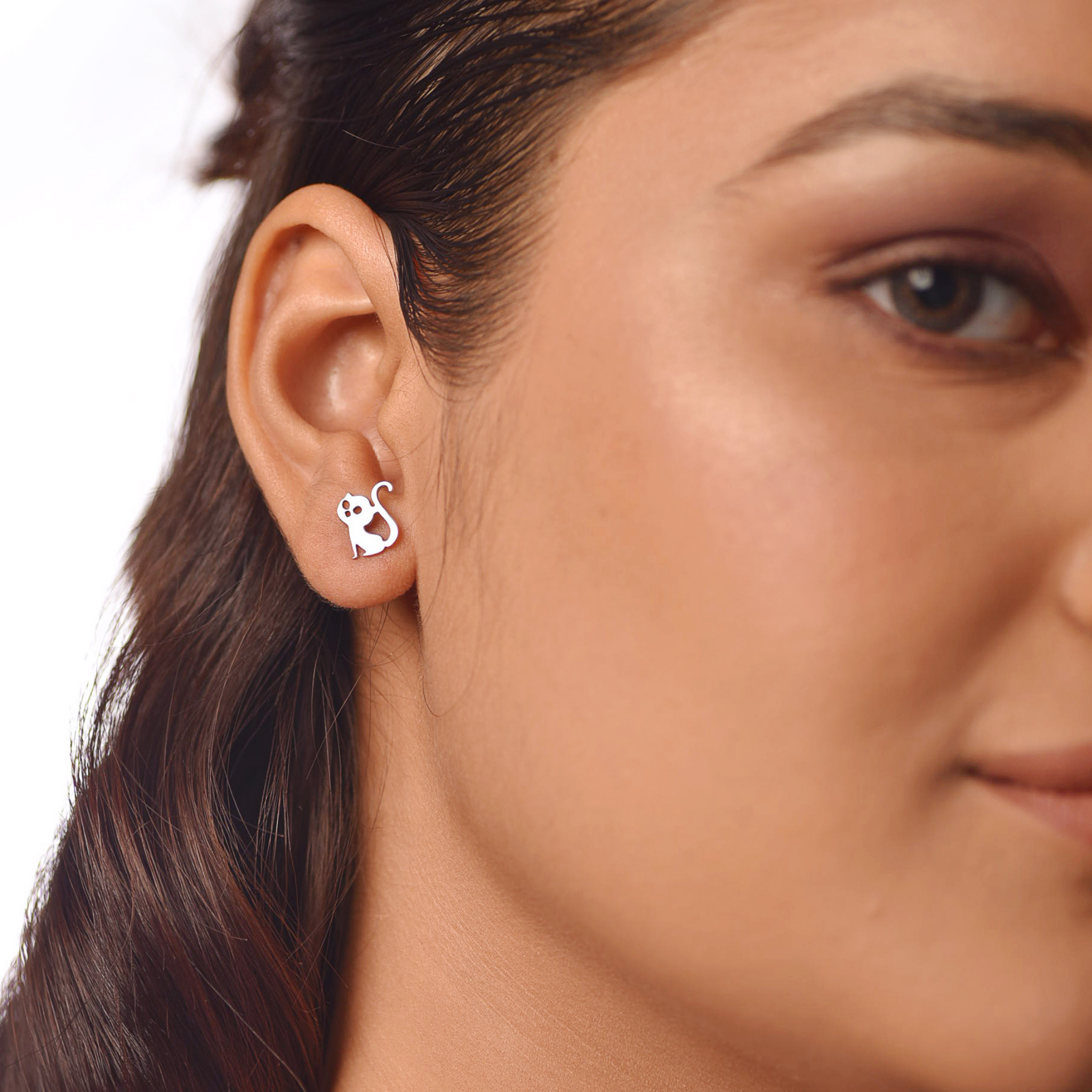 Flat Tiny Cat Stud Earrings, Hallmarked 925 Sterling Silver