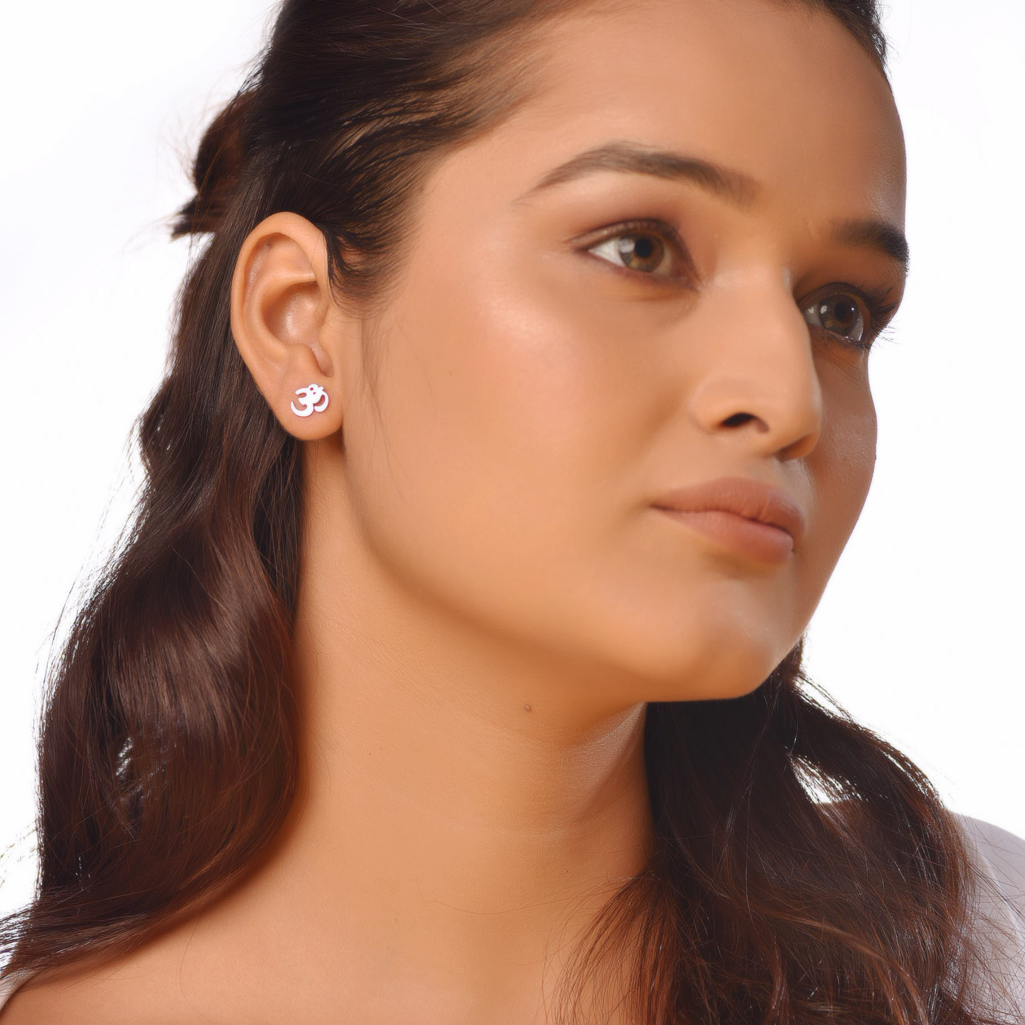 Flat Tiny Om Symbol Stud Earrings, Hallmarked 925 Sterling Silver