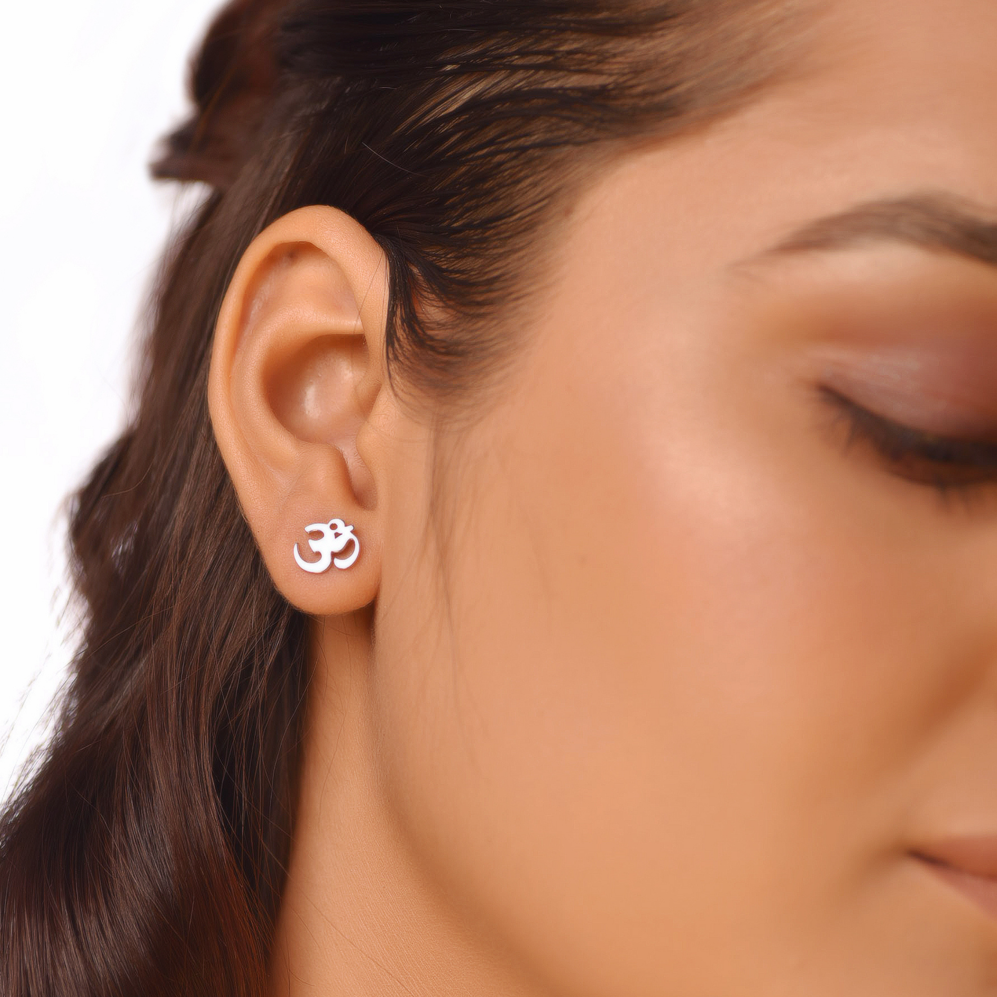 Flat Tiny Om Symbol Stud Earrings, Hallmarked 925 Sterling Silver