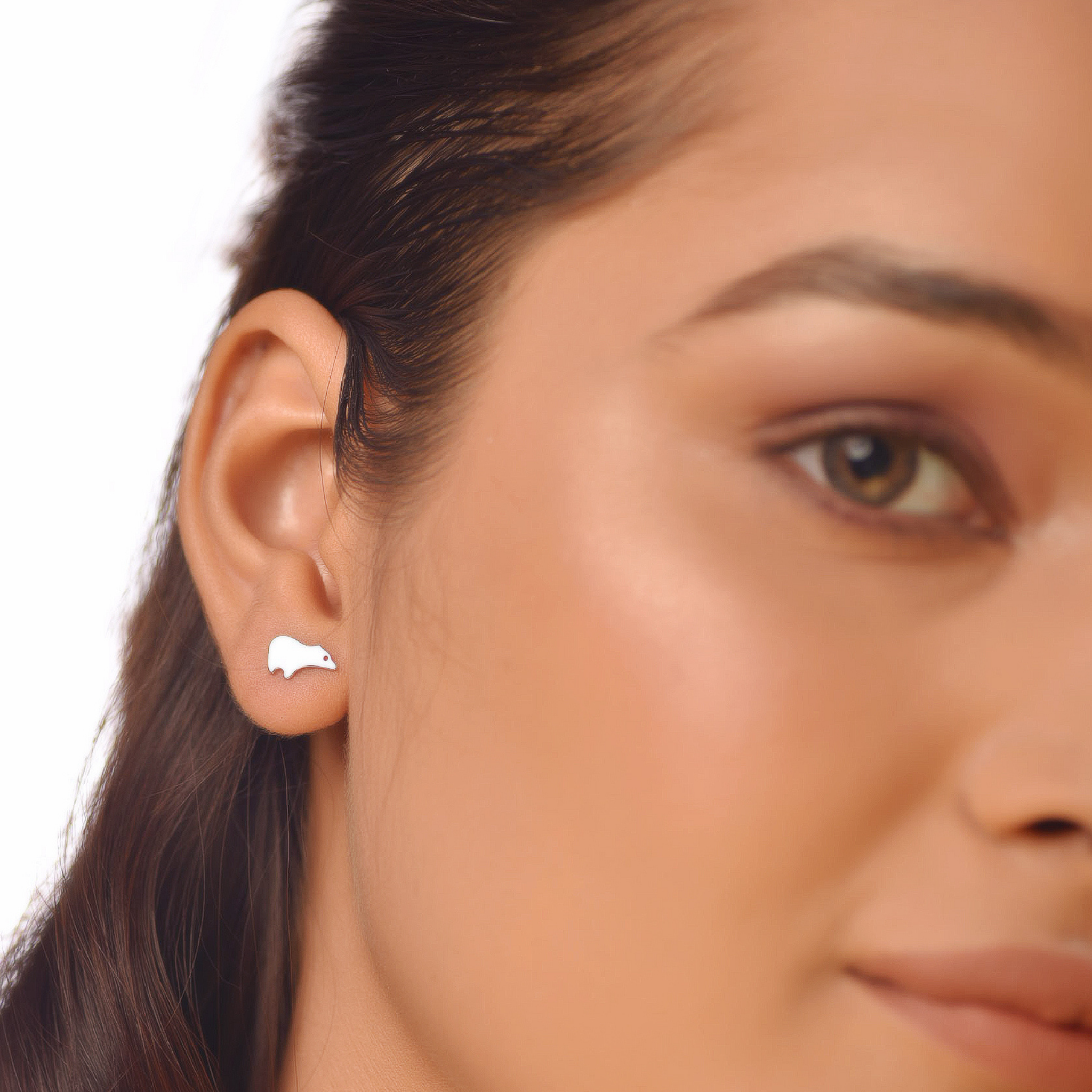 Flat Tiny Polar Bear Stud Earrings, Hallmarked 925 Sterling Silver