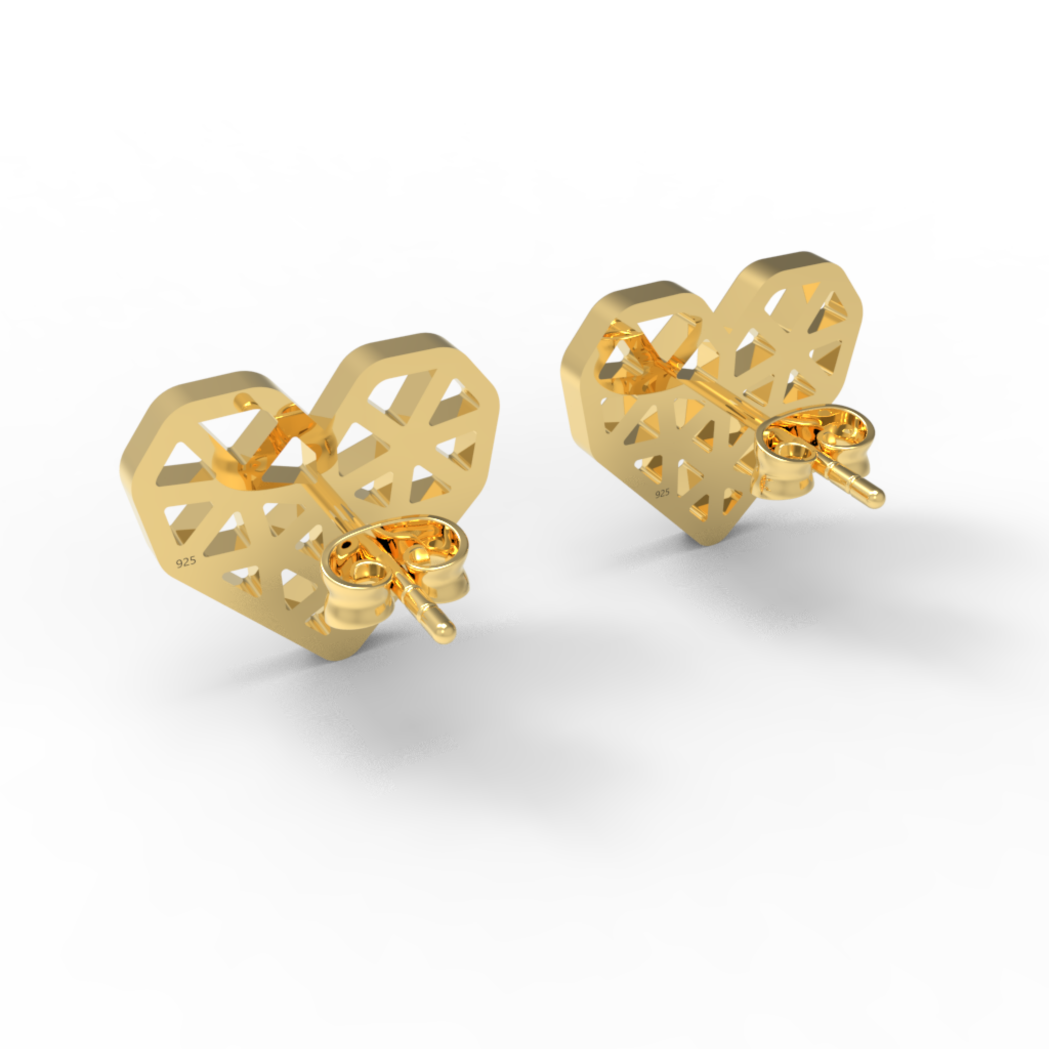 Geometrical Heart Shape Stud Earrings, Hallmarked 925 Sterling Silver