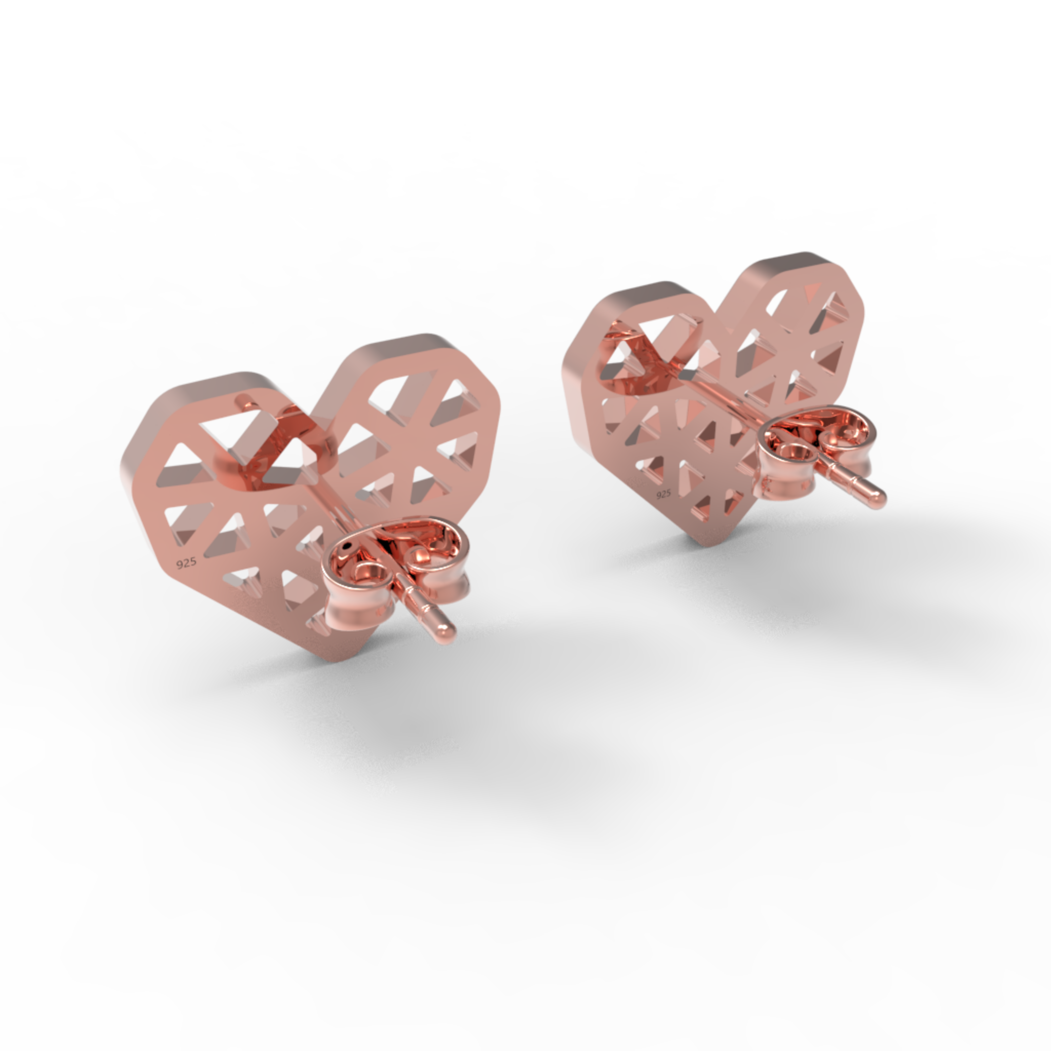 Geometrical Heart Shape Stud Earrings, Hallmarked 925 Sterling Silver