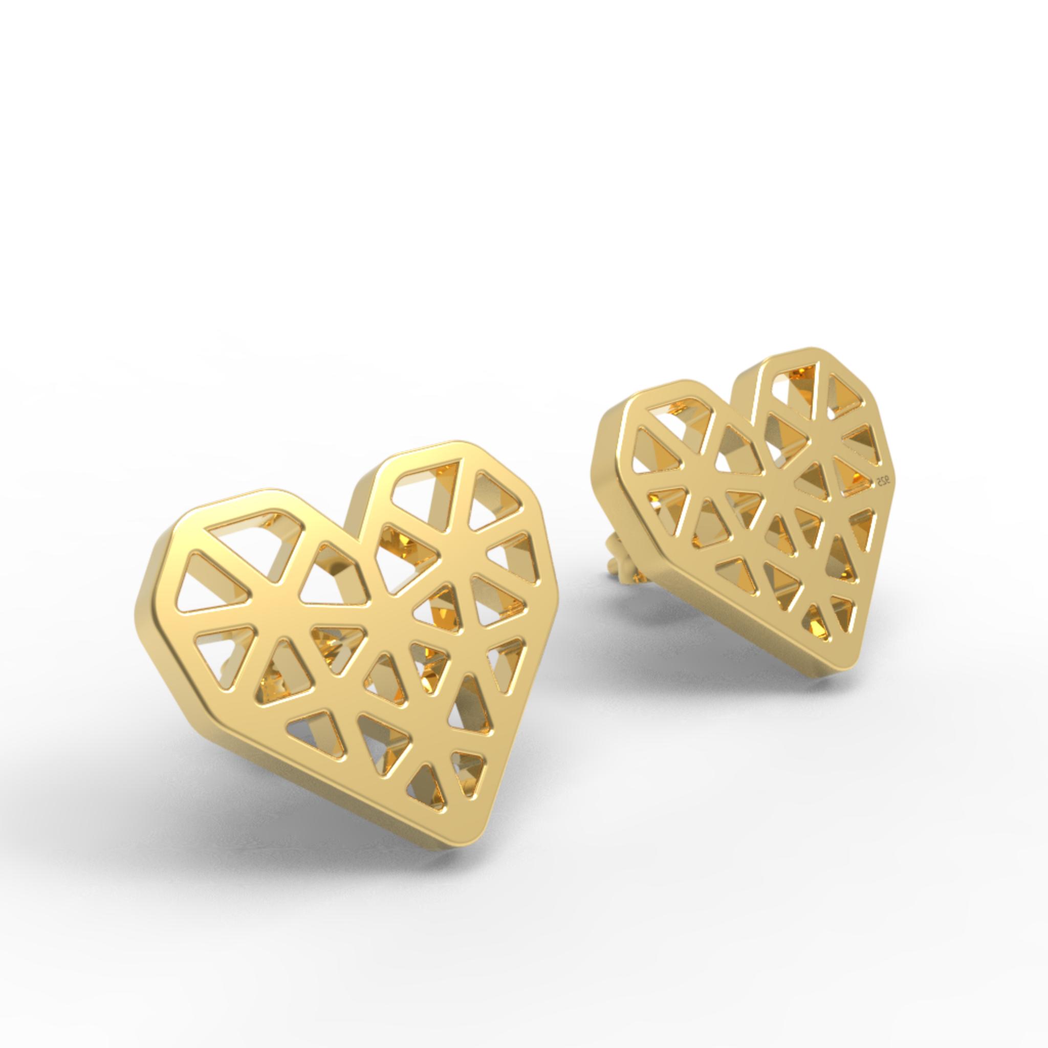 Geometrical Heart Shape Stud Earrings, Hallmarked 925 Sterling Silver