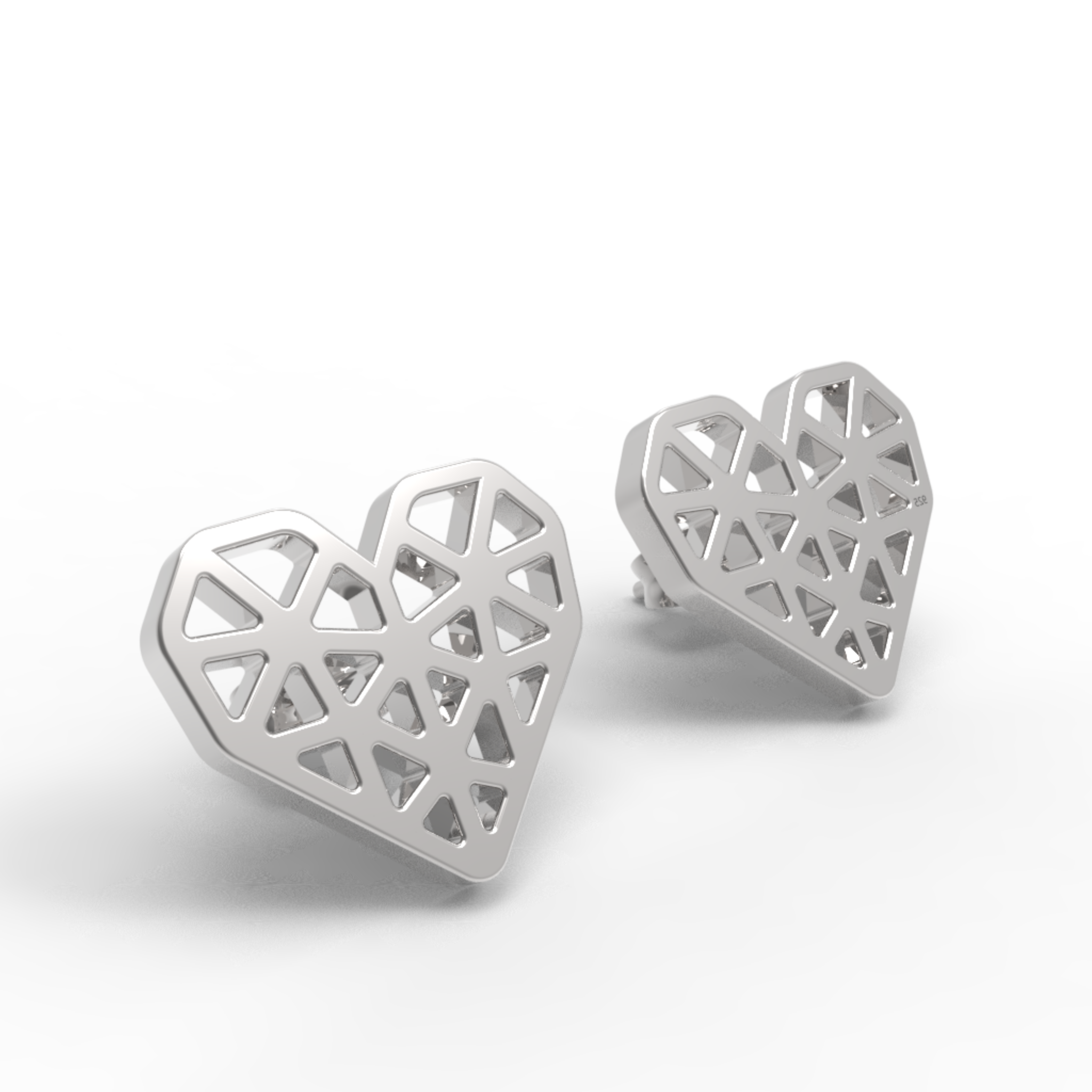 Geometrical Heart Shape Stud Earrings, Hallmarked 925 Sterling Silver