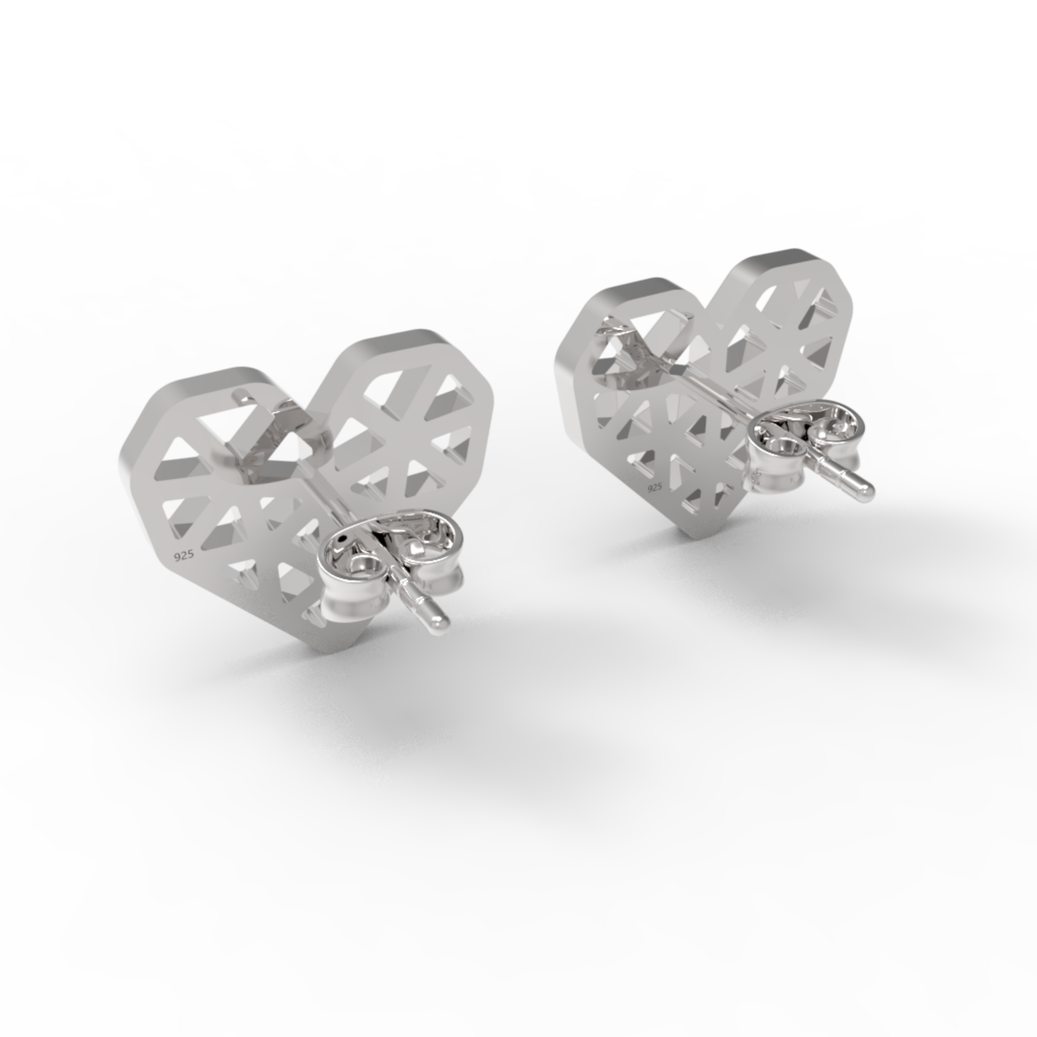 Geometrical Heart Shape Stud Earrings, Hallmarked 925 Sterling Silver