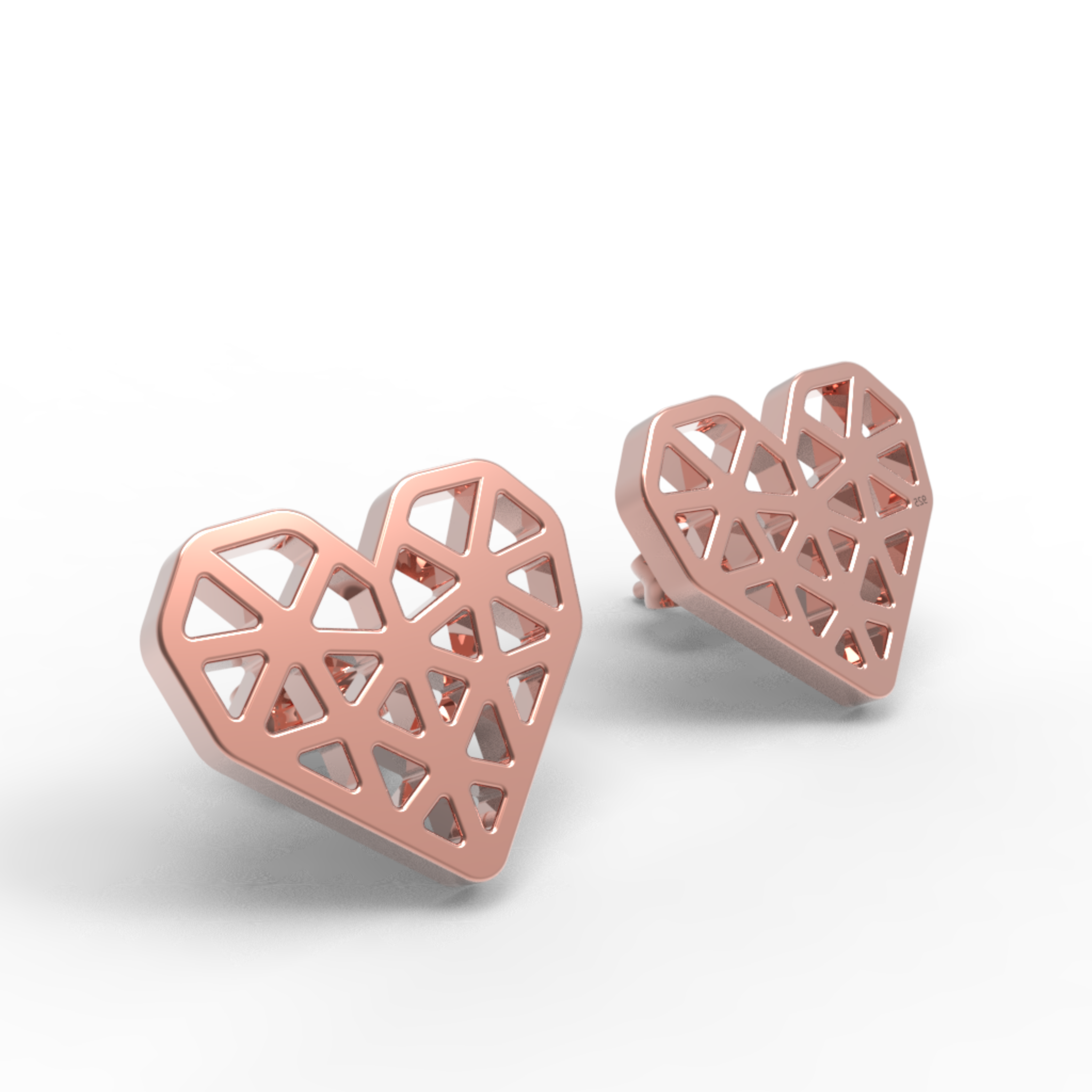 Geometrical Heart Shape Stud Earrings, Hallmarked 925 Sterling Silver