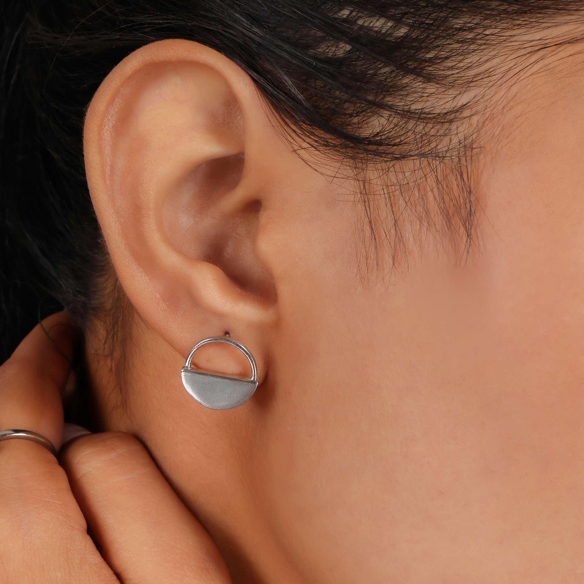 Half Moon Circle Dangling Earrings, Hallmarked 925 Sterling Silver