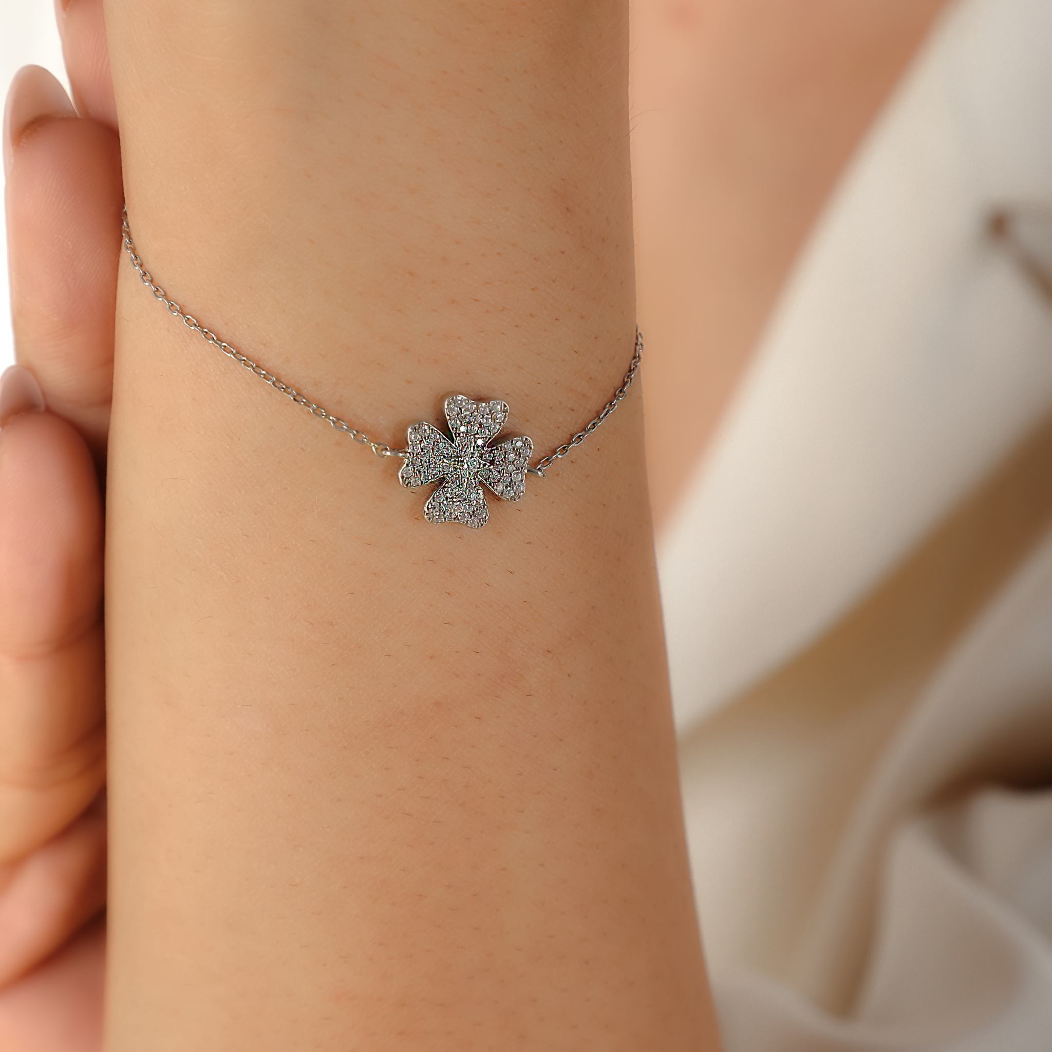 Handmade Clover Leaf Sparkle Chain Bracelet For Her, Hallmarked 925 Sterling Silver