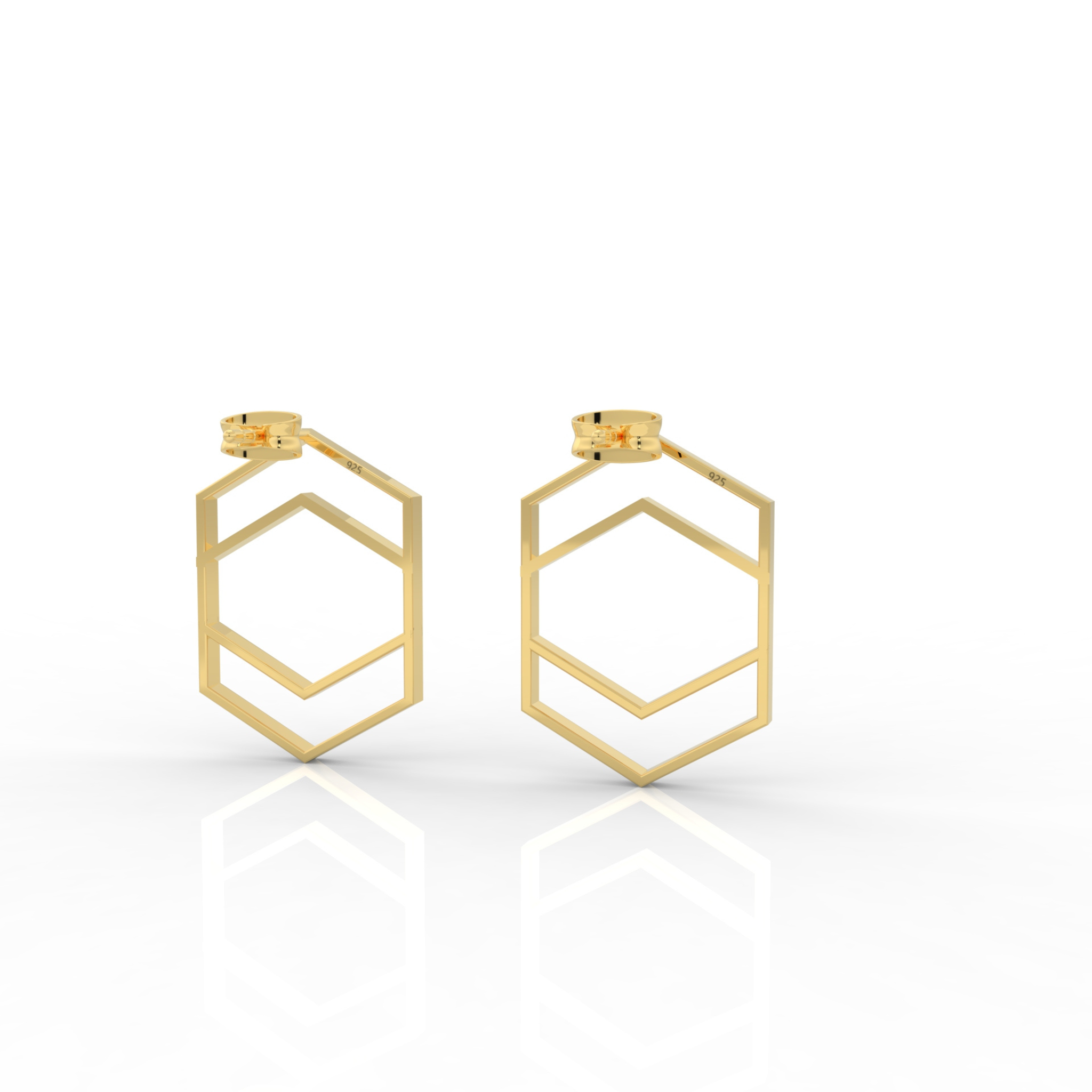 Hexagon Chic Gold Plated Earrings, Hallmarked 925 Sterling Silver