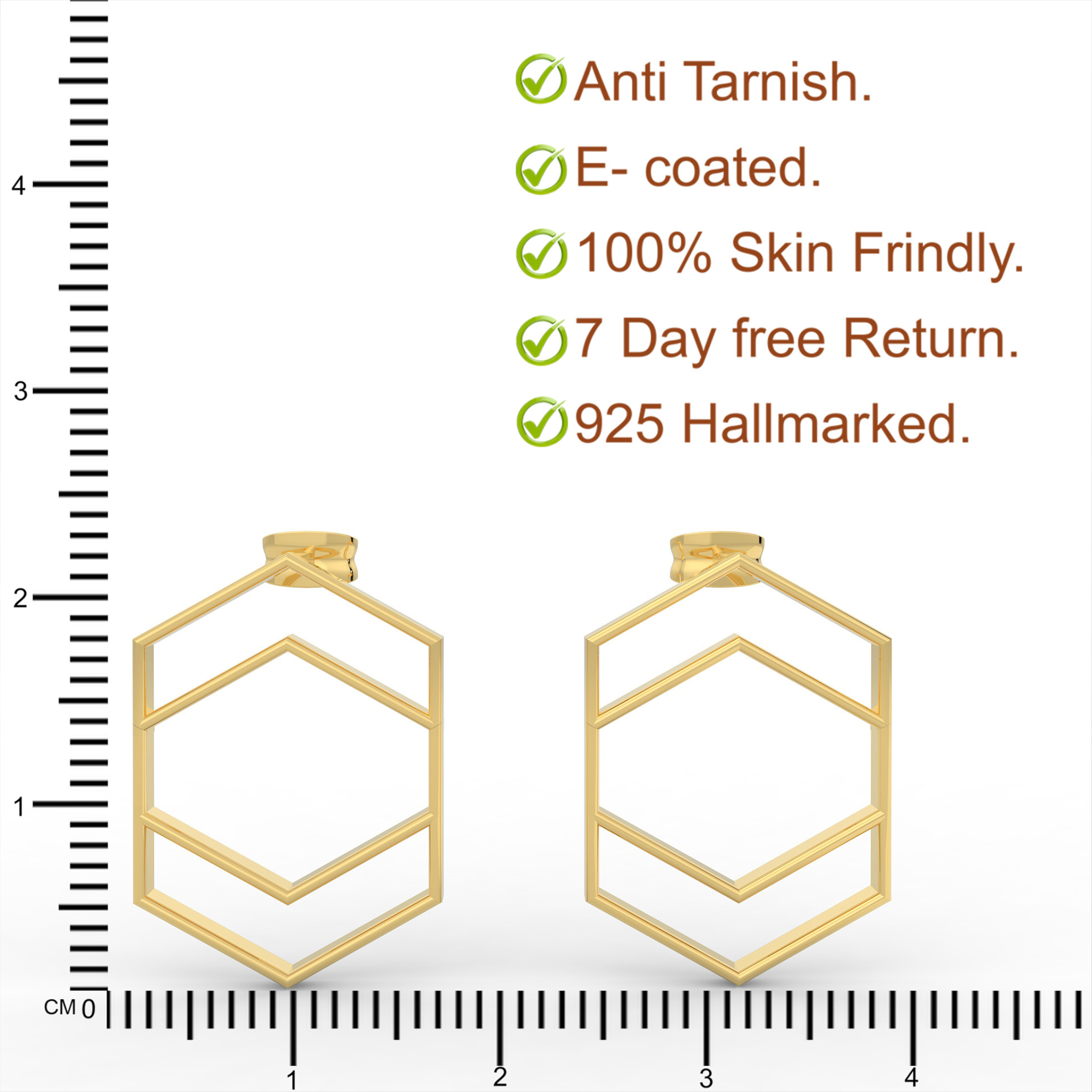 Hexagon Chic Gold Plated Earrings, Hallmarked 925 Sterling Silver