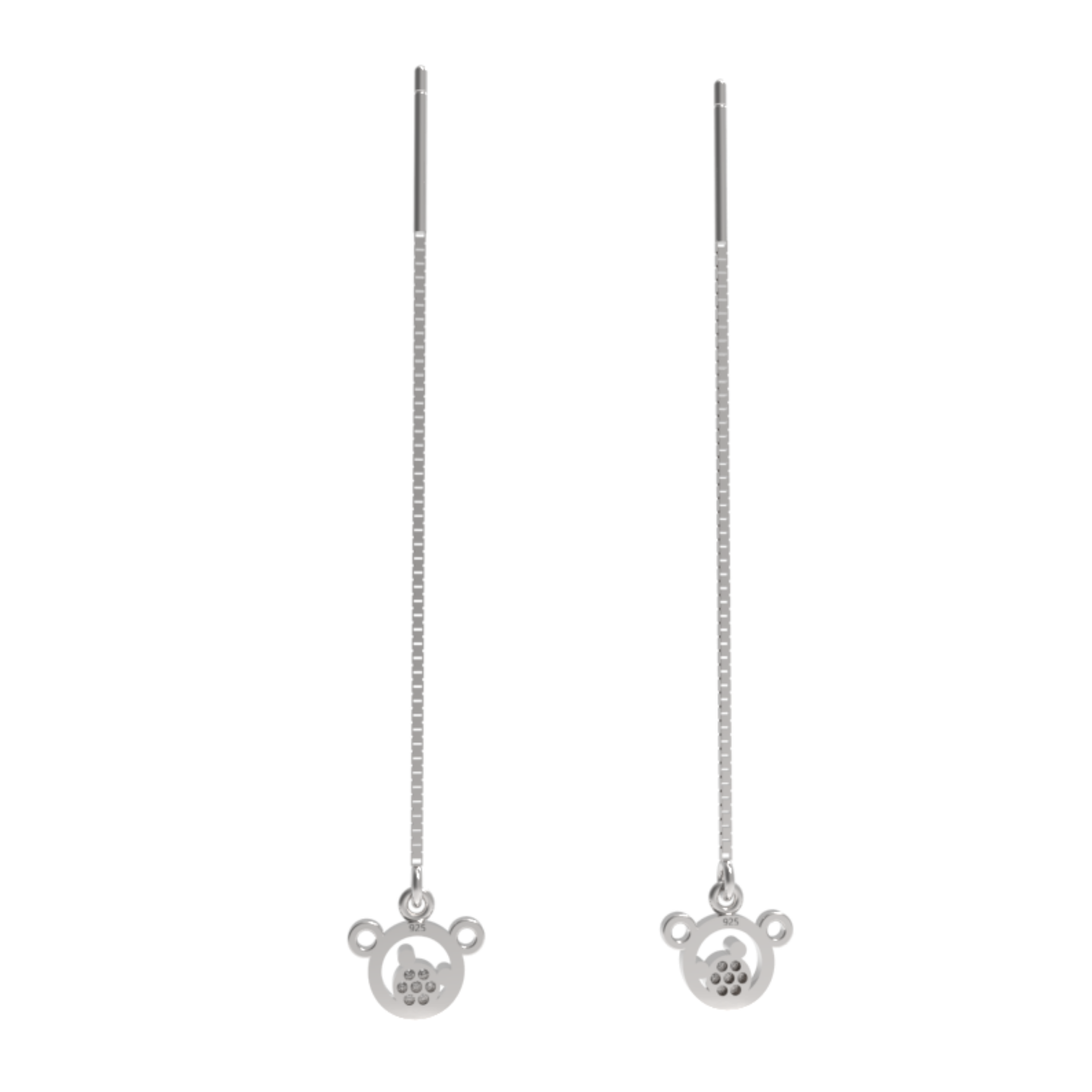 Mickey Face Drop Threader Earrings, Hallmarked 925 Sterling Silver