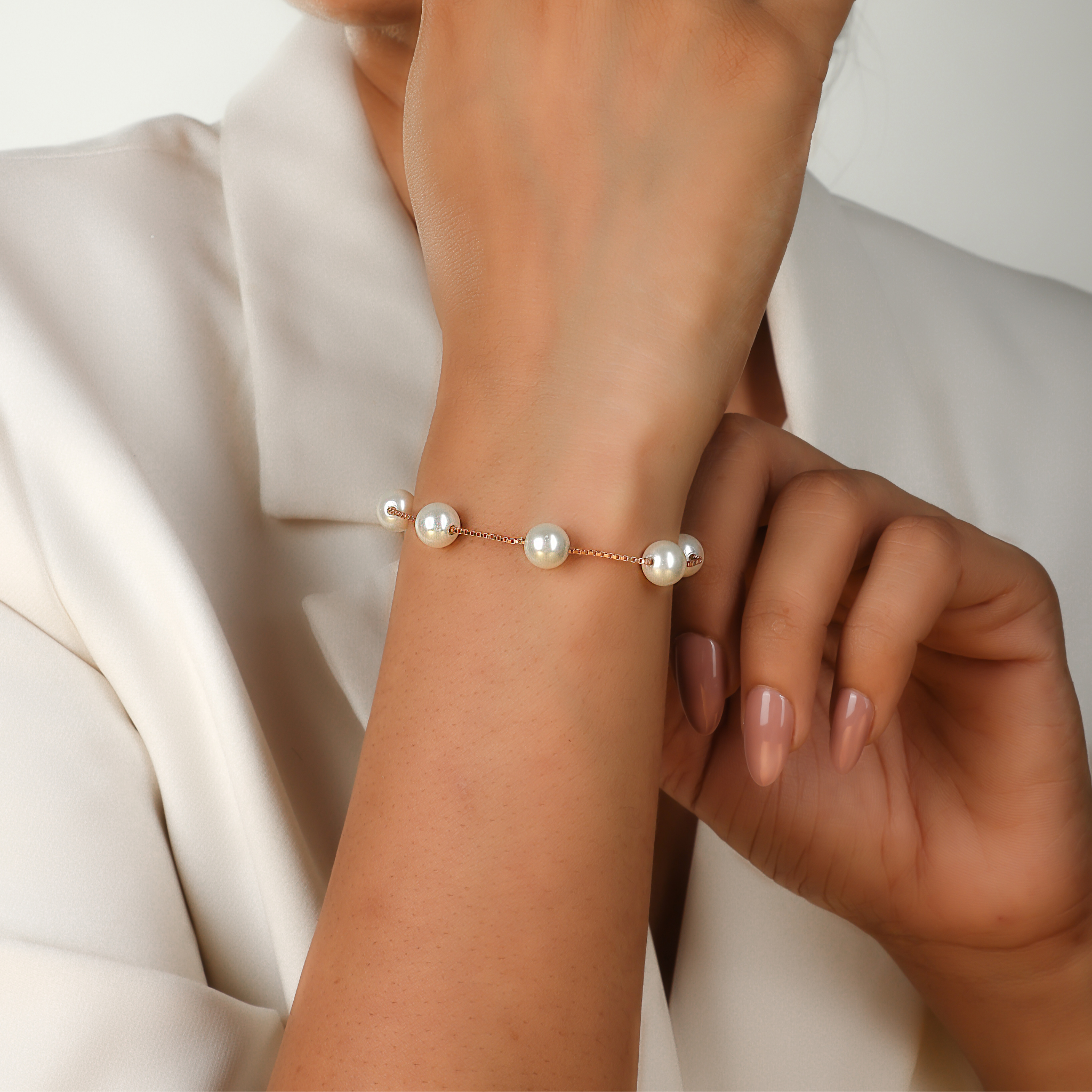 Modern Pearl Station Chain Bracelet For women, Hallmarked 925 Sterling Silver