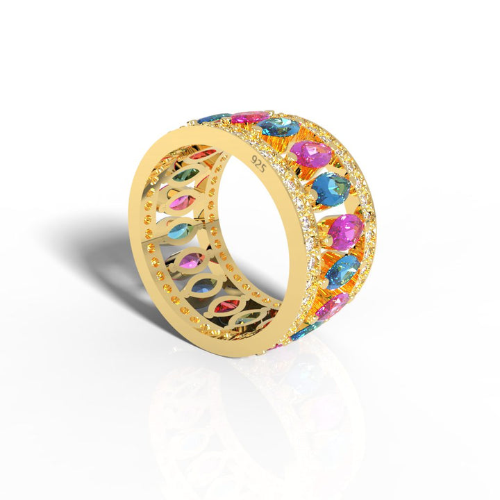 Multi Gemstone Wide Wedding Band, Hallmarked 925 Sterling Silver