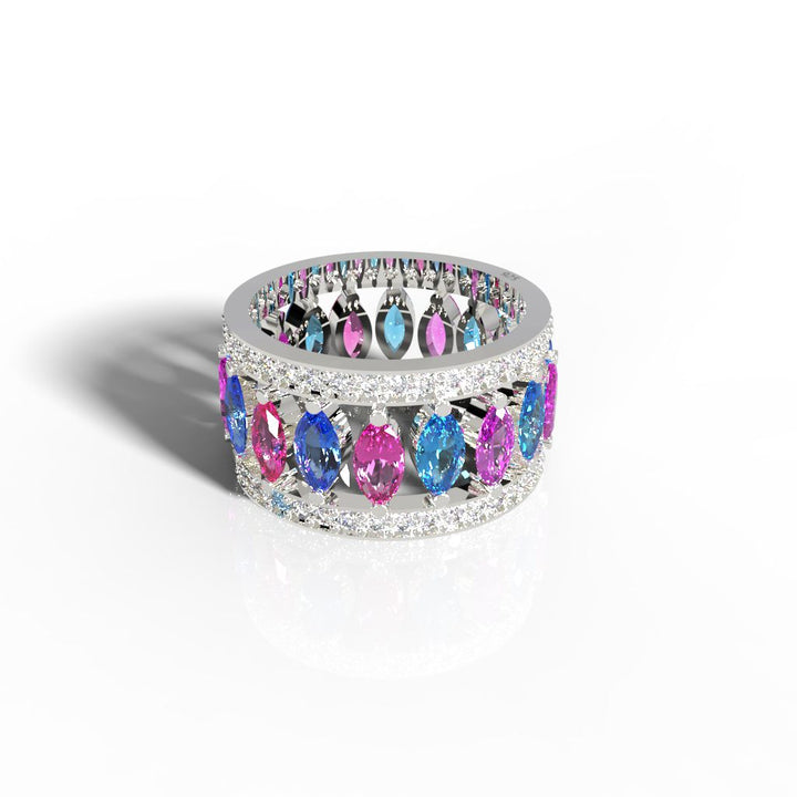 Multi Gemstone Wide Wedding Band, Hallmarked 925 Sterling Silver