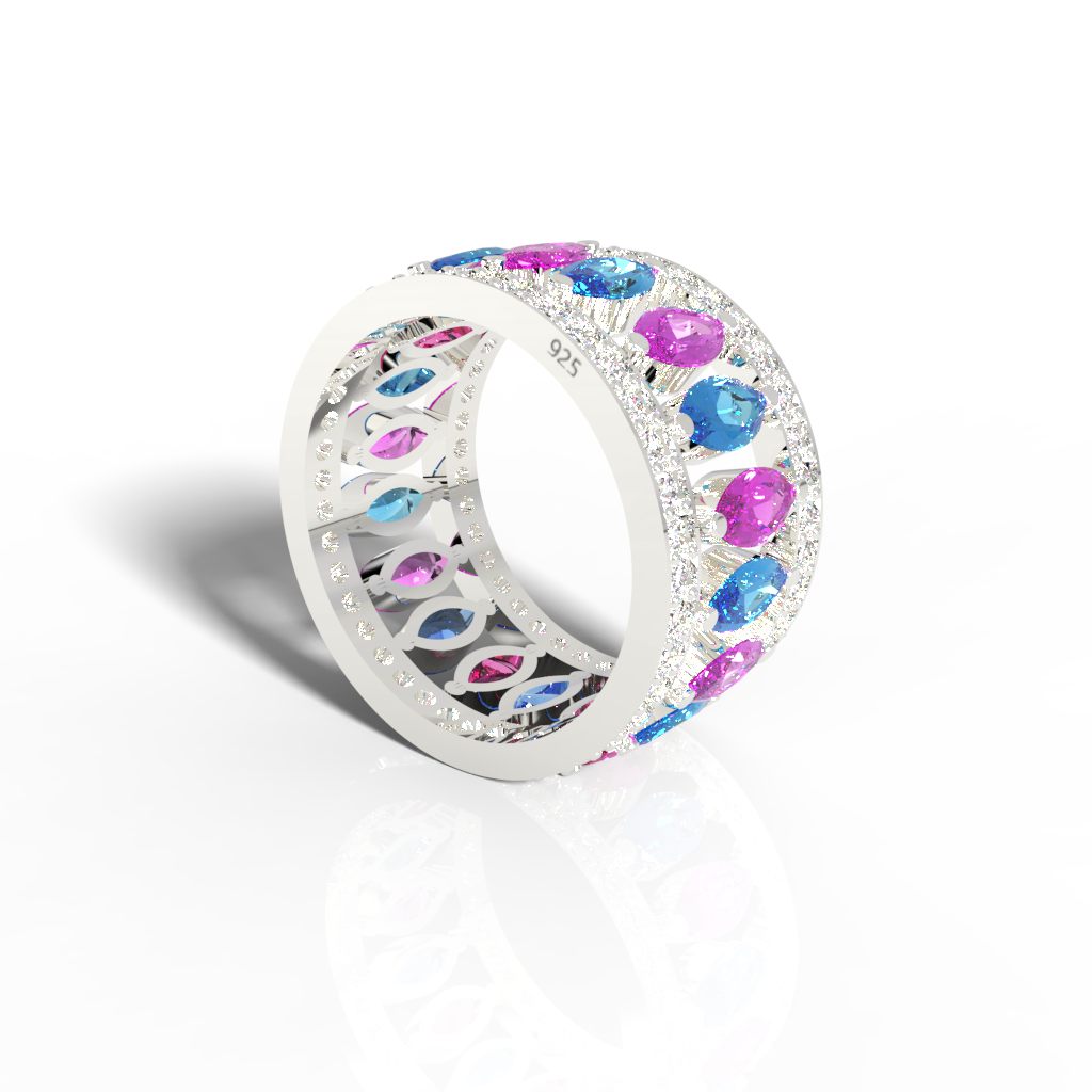 Multi Gemstone Wide Wedding Band, Hallmarked 925 Sterling Silver