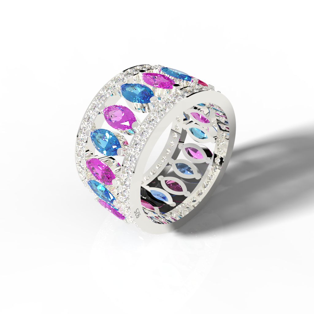 Multi Gemstone Wide Wedding Band, Hallmarked 925 Sterling Silver