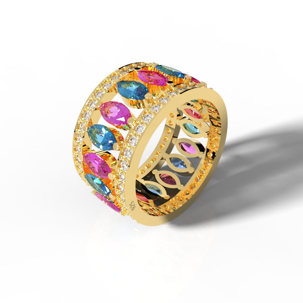 Multi Gemstone Wide Wedding Band, Hallmarked 925 Sterling Silver