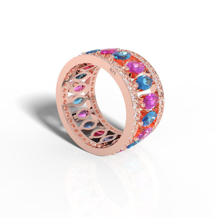 Multi Gemstone Wide Wedding Band, Hallmarked 925 Sterling Silver