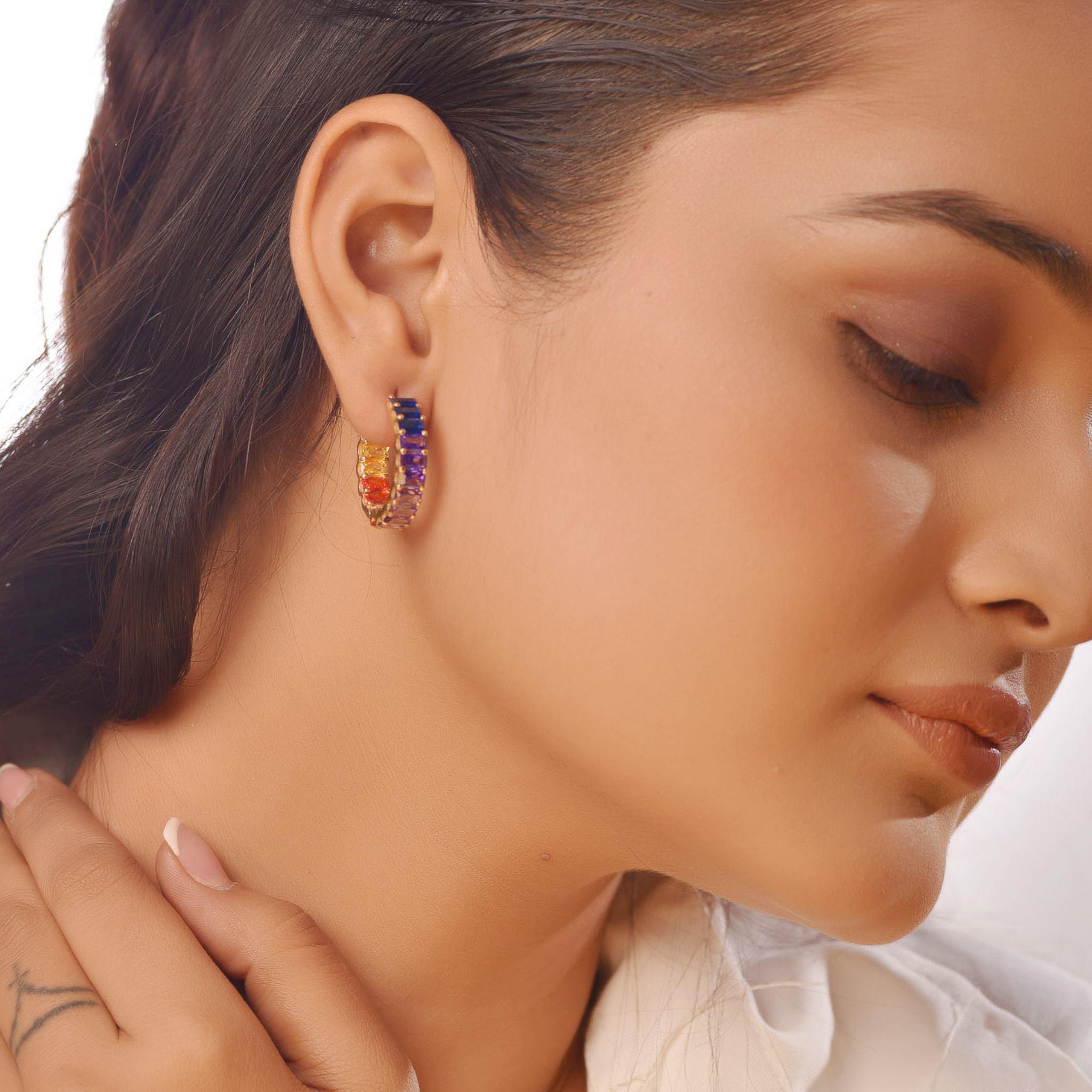 Multi Sapphire Hoop Earrings For Her, Hallmarked 925 Sterling Silver