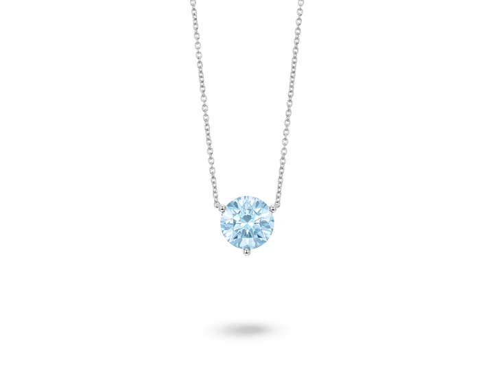 Front view of a blue 2 carat round brilliant pendant in a 14k white gold solitaire setting