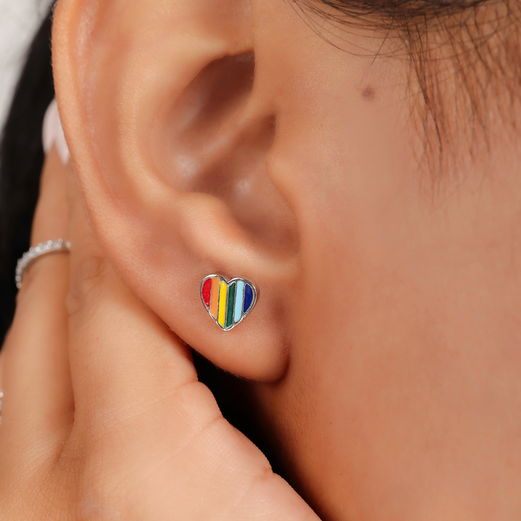 Rainbow Enamel Heart Shape Pride Stud Earrings, Hallmarked 925 Sterling Silver