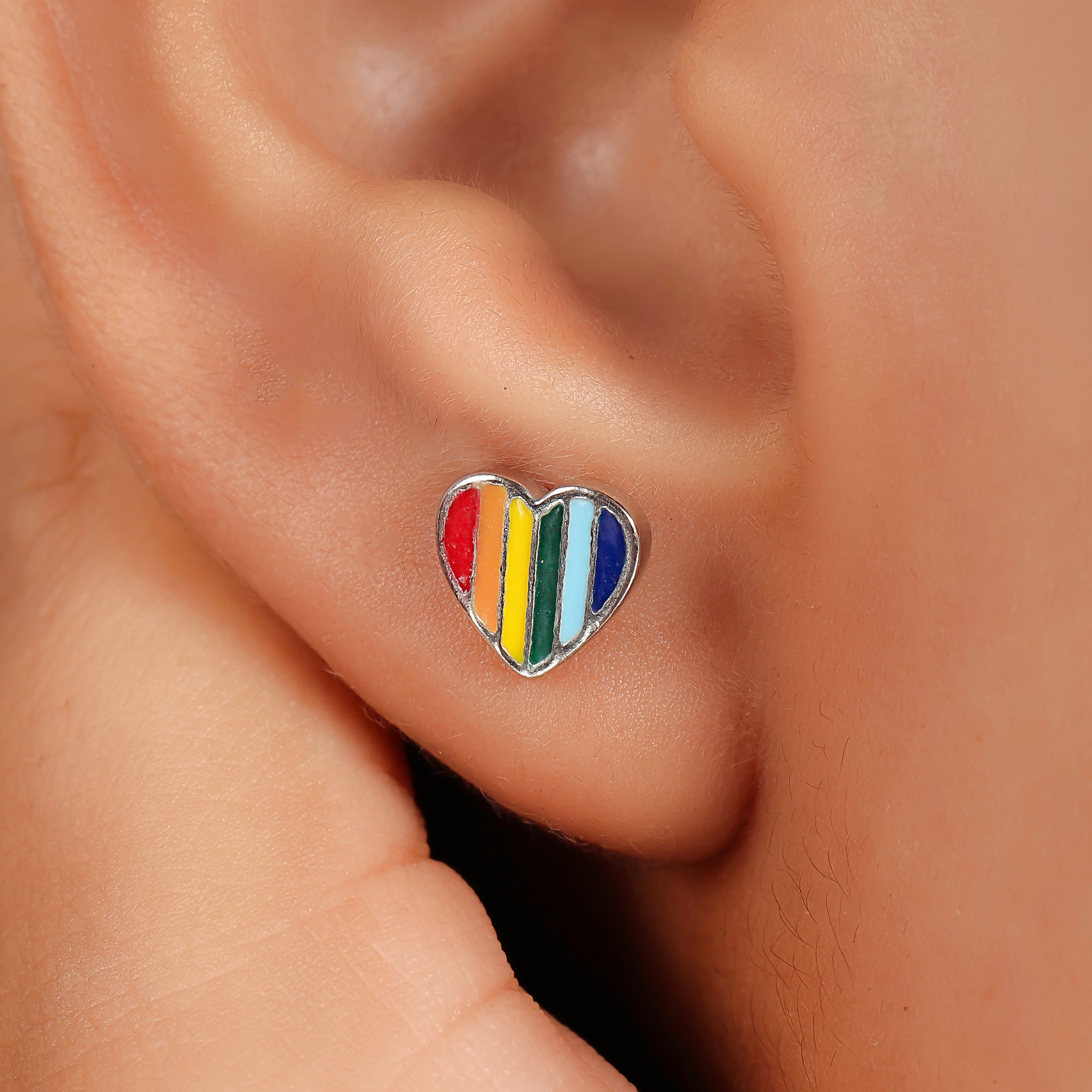 Rainbow Enamel Heart Shape Pride Stud Earrings, Hallmarked 925 Sterling Silver