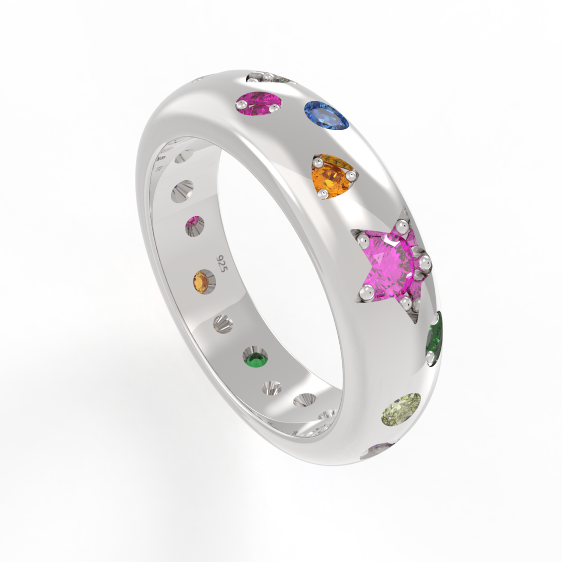 Rainbow Gemstone Wedding Dome Band – White Gold Plated, Hallmarked 925 Sterling Silver, Perfect for Bridal and Special Occasions