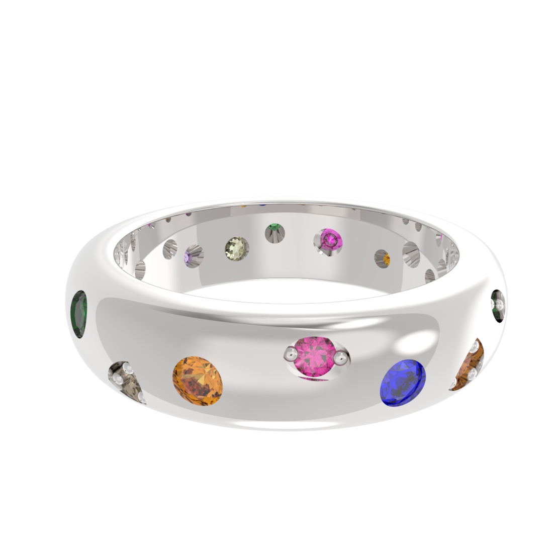 Rainbow Gemstone Wedding Dome Band – White Gold Plated, Hallmarked 925 Sterling Silver, Perfect for Bridal and Special Occasions