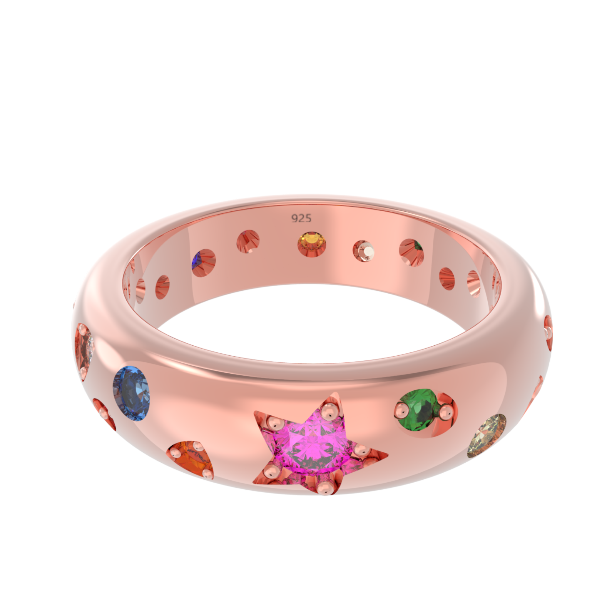 Rainbow Gemstone Wedding Dome Band, Hallmarked 925 Sterling Silver