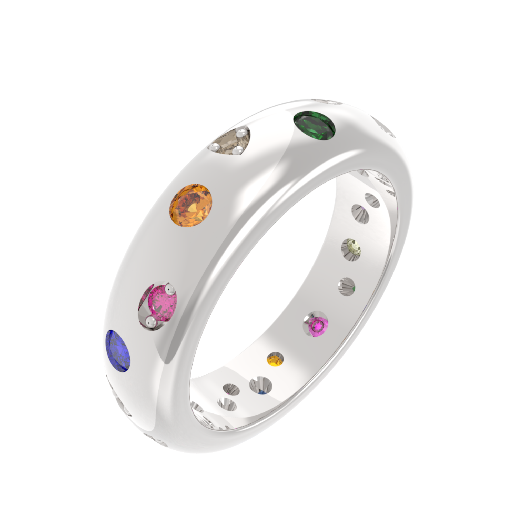 Rainbow Gemstone Wedding Dome Band – White Gold Plated, Hallmarked 925 Sterling Silver, Perfect for Bridal and Special Occasions