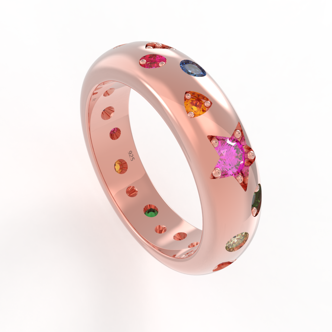 Rainbow Gemstone Wedding Dome Band, Hallmarked 925 Sterling Silver