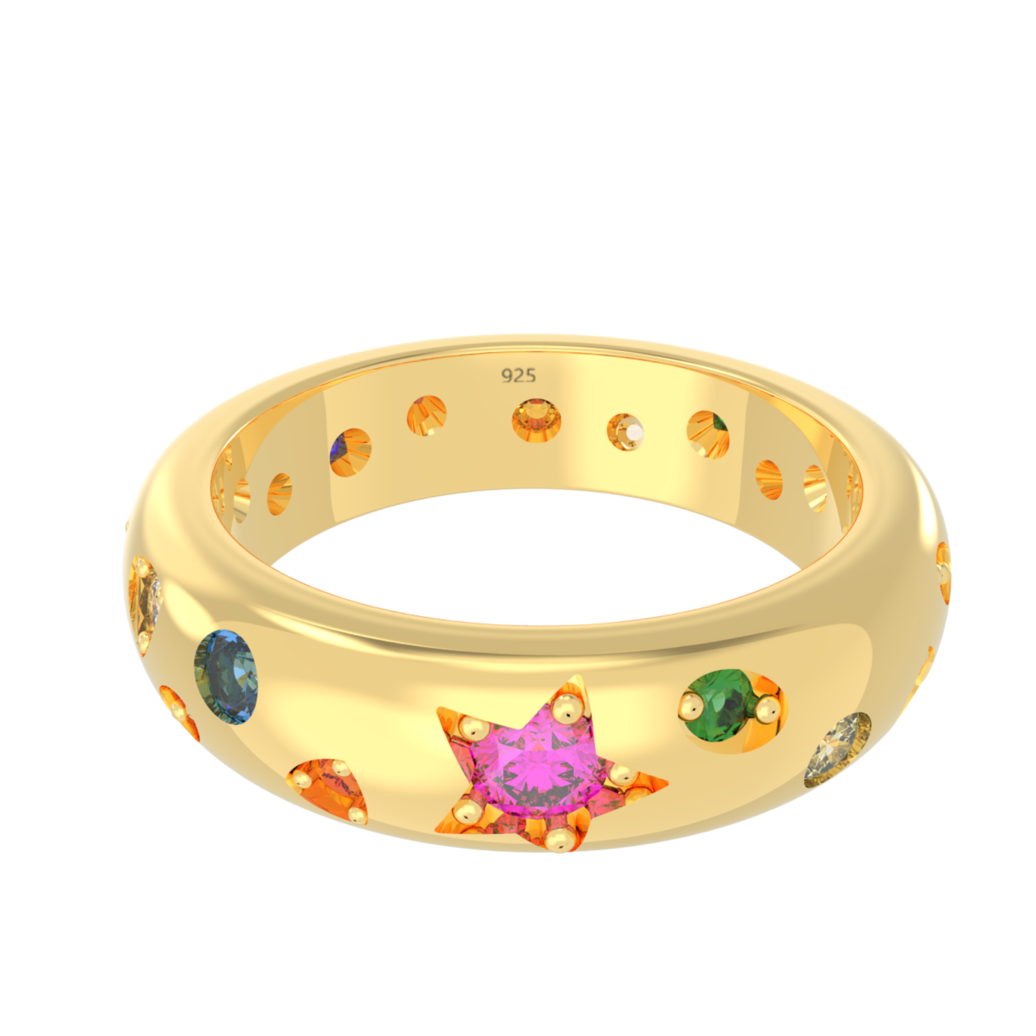 Rainbow Gemstone Wedding Dome Band, Hallmarked 925 Sterling Silver