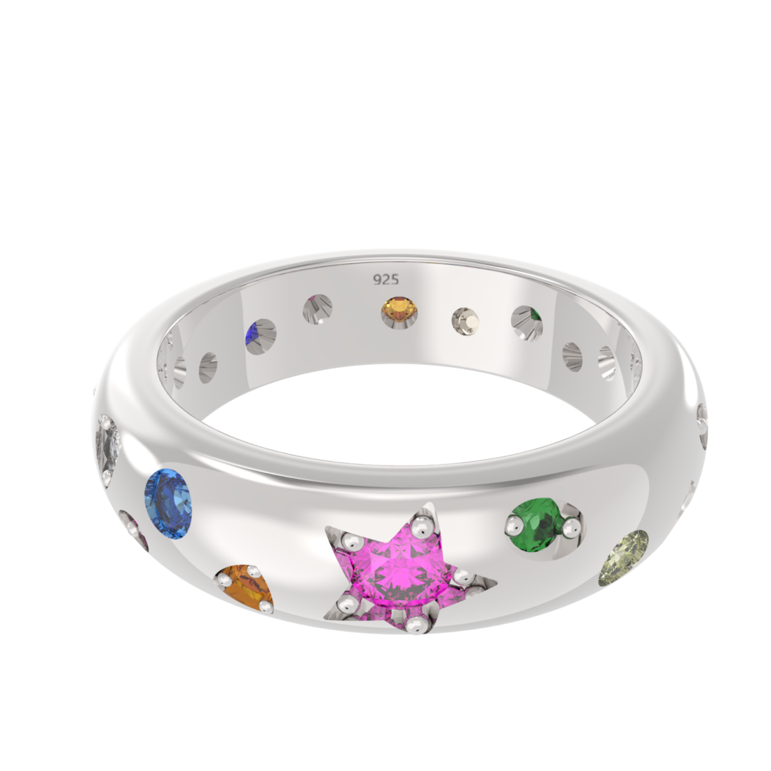 Rainbow Gemstone Wedding Dome Band – White Gold Plated, Hallmarked 925 Sterling Silver, Perfect for Bridal and Special Occasions