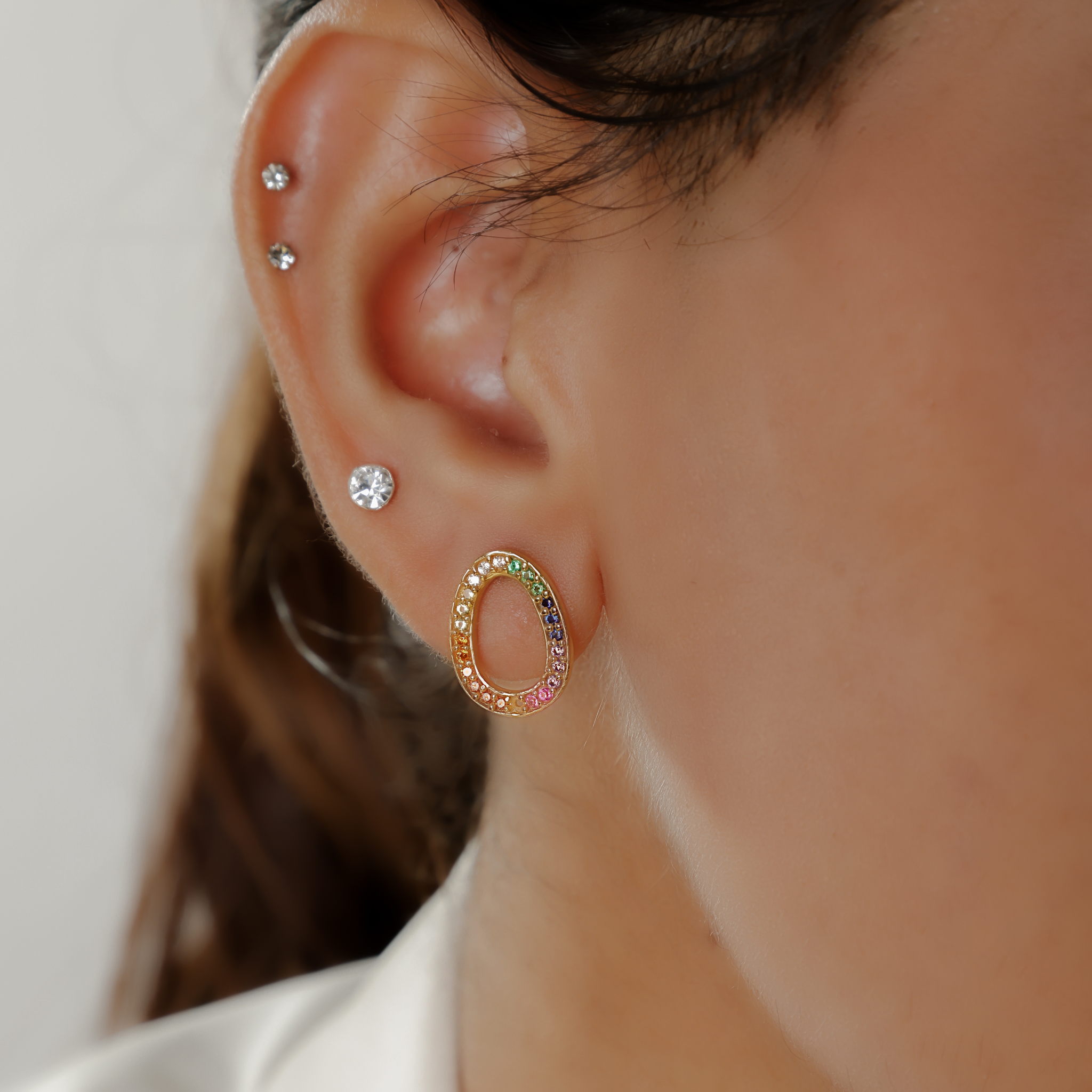 Rainbow Sapphire O Initial Stud Earrings, Hallmarked 925 Sterling Silver