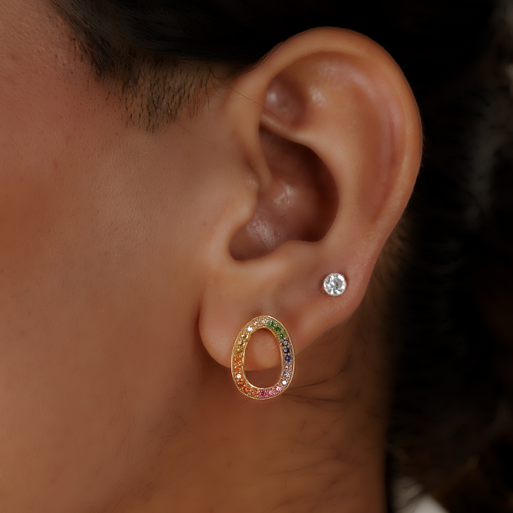 Rainbow Sapphire O Initial Stud Earrings, Hallmarked 925 Sterling Silver