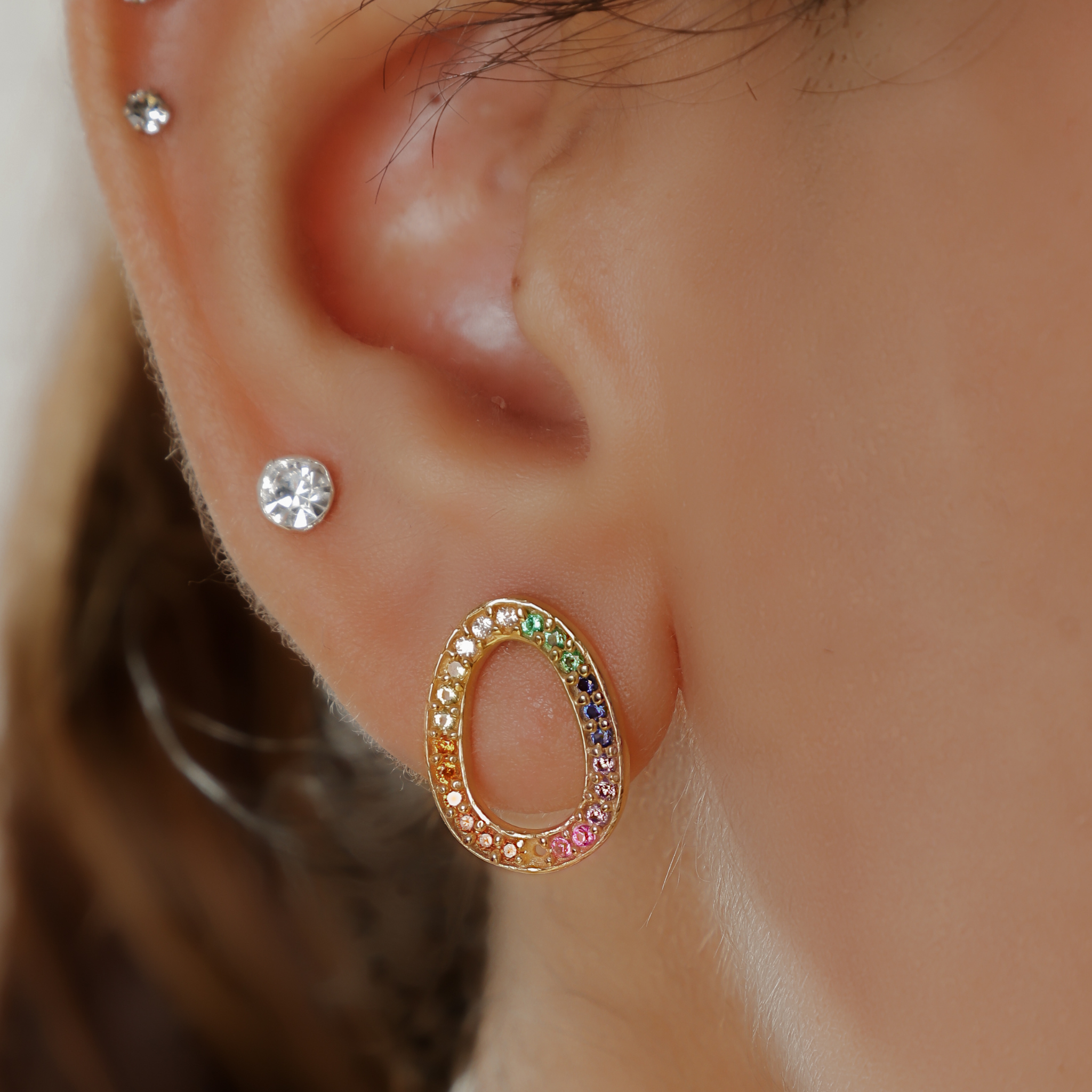 Rainbow Sapphire O Initial Stud Earrings, Hallmarked 925 Sterling Silver