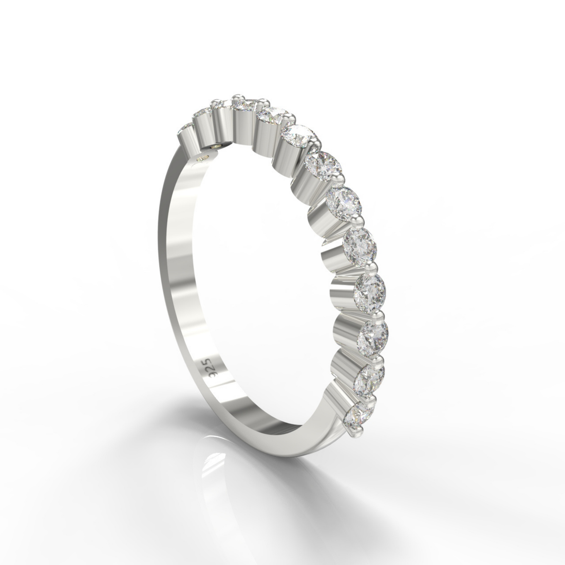 Round Cut Floating Diamond Half Wedding Band, Hallmarked 925 Sterling Silver White Gold