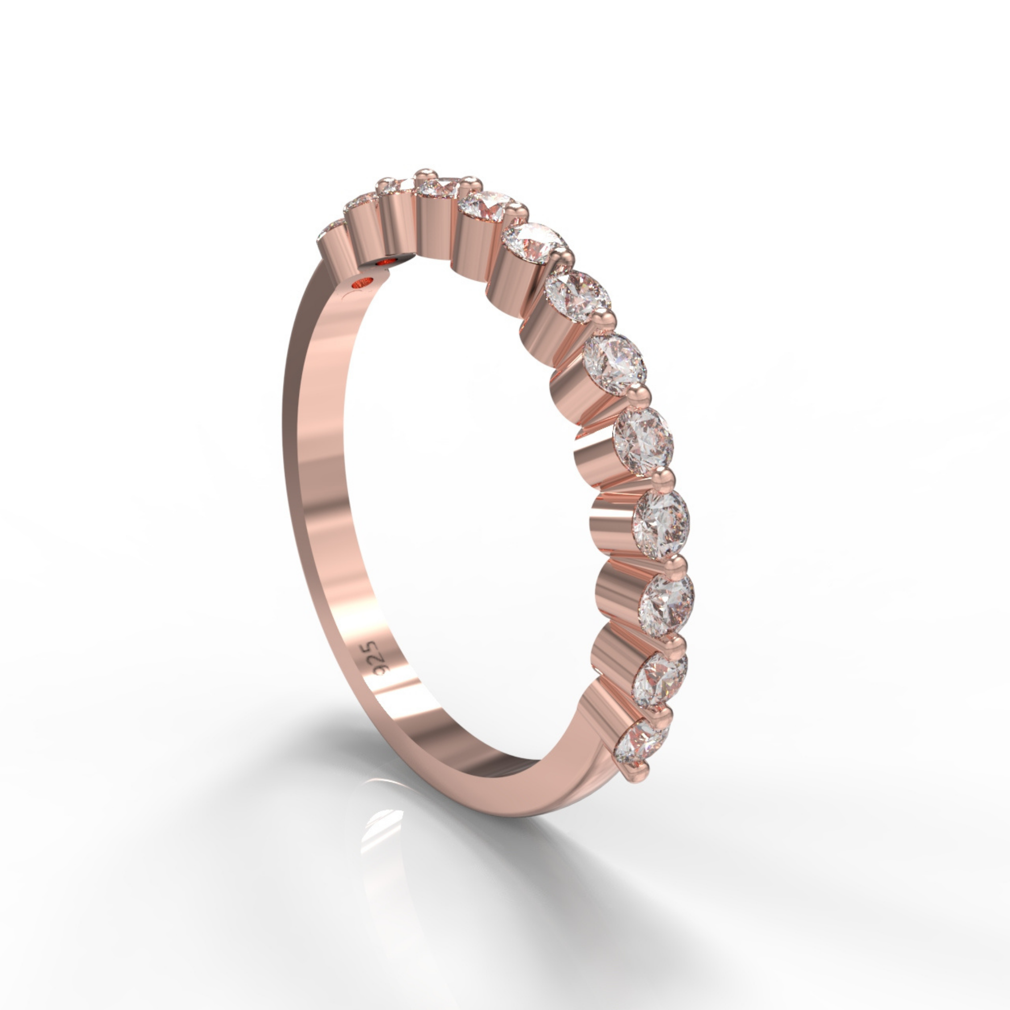 Round Cut Floating Diamond Half Wedding Band, Hallmarked 925 Sterling Silver Rose Gold