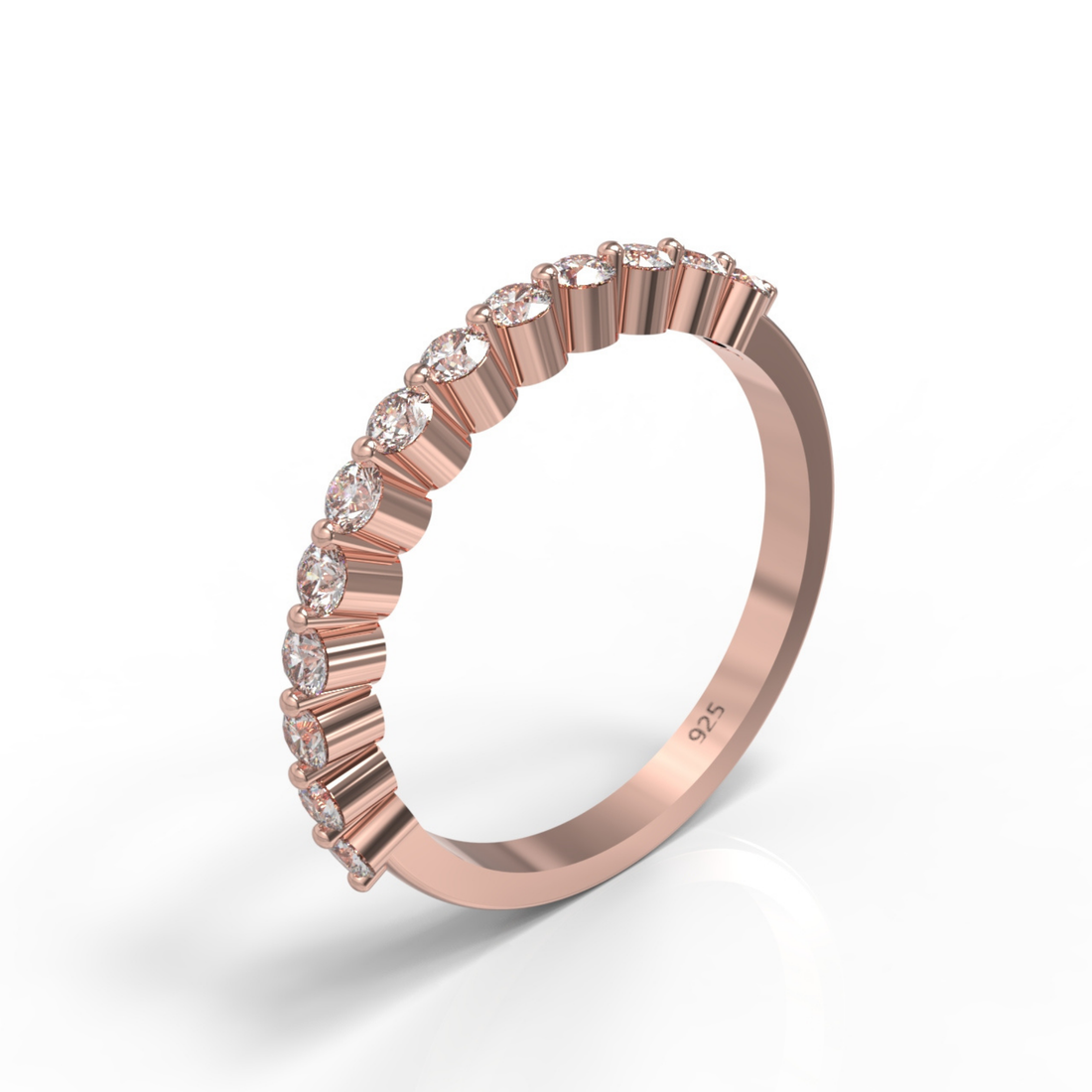 Round Cut Floating Diamond Half Wedding Band, Hallmarked 925 Sterling Silver Rose Gold