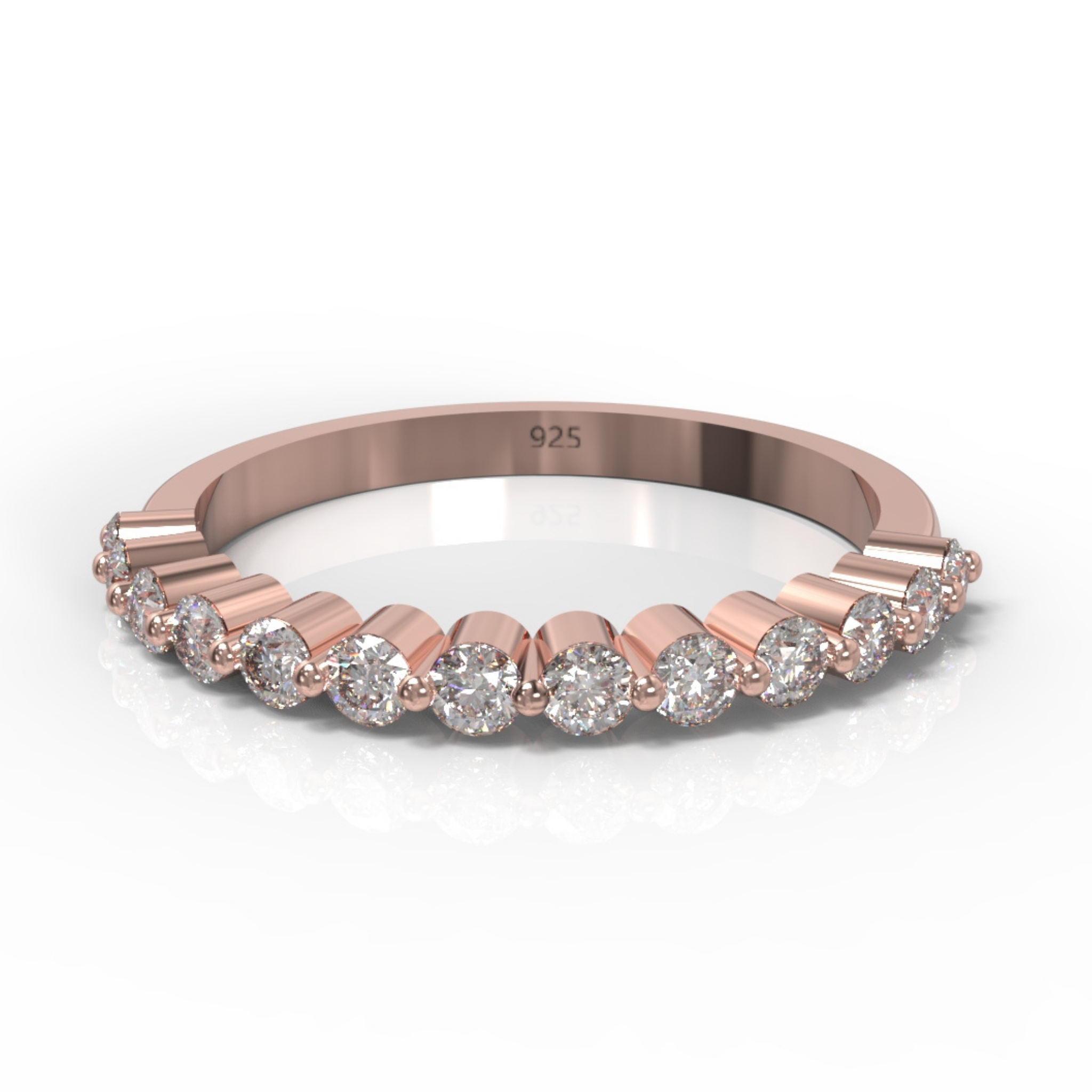Round Cut Floating Diamond Half Wedding Band, Hallmarked 925 Sterling Silver Rose Gold