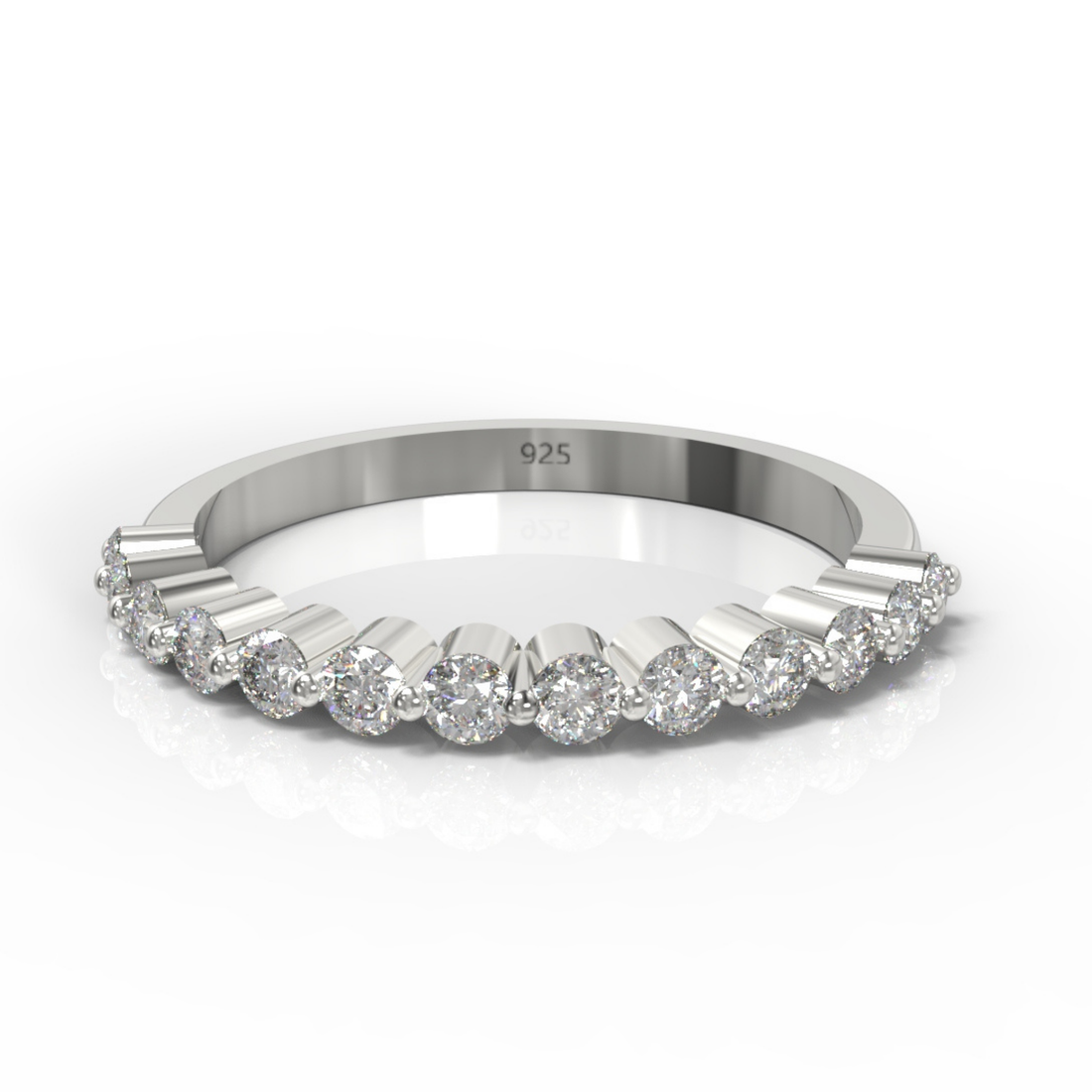 Round Cut Floating Diamond Half Wedding Band, Hallmarked 925 Sterling Silver White Gold