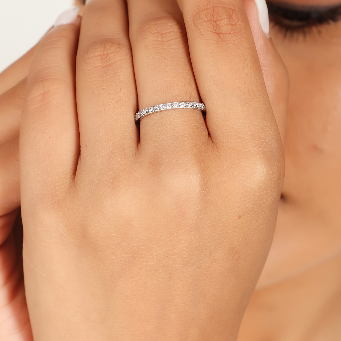 Round Cut Floating Diamond Half Wedding Band, Hallmarked 925 Sterling Silver White Gold