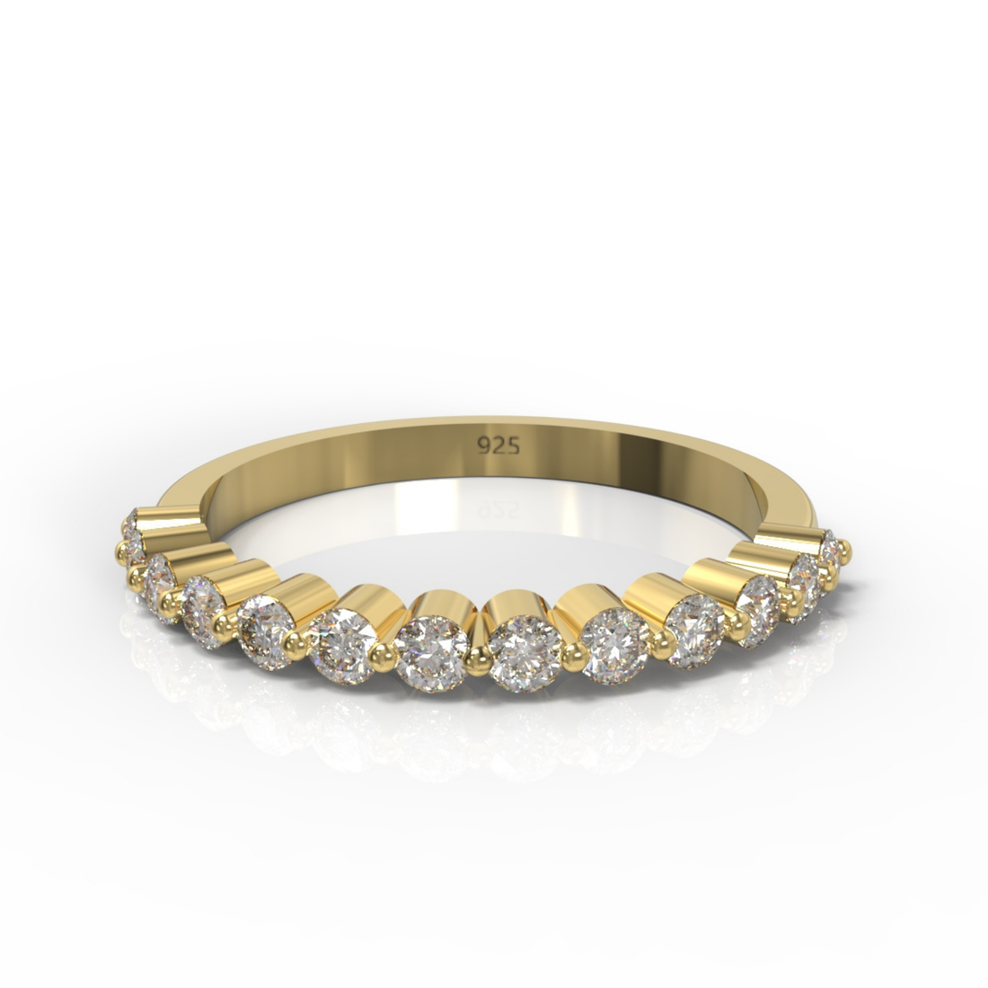 Round Cut Floating Diamond Half Wedding Band, Hallmarked 925 Sterling Silver Yellow Gold
